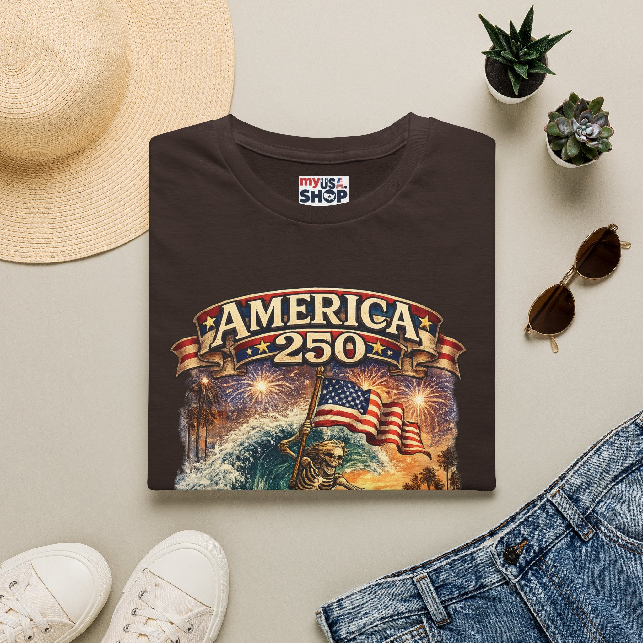 America 250 Venice Beach T-Shirt — Patriotic Vintage Surf & Fireworks Tee