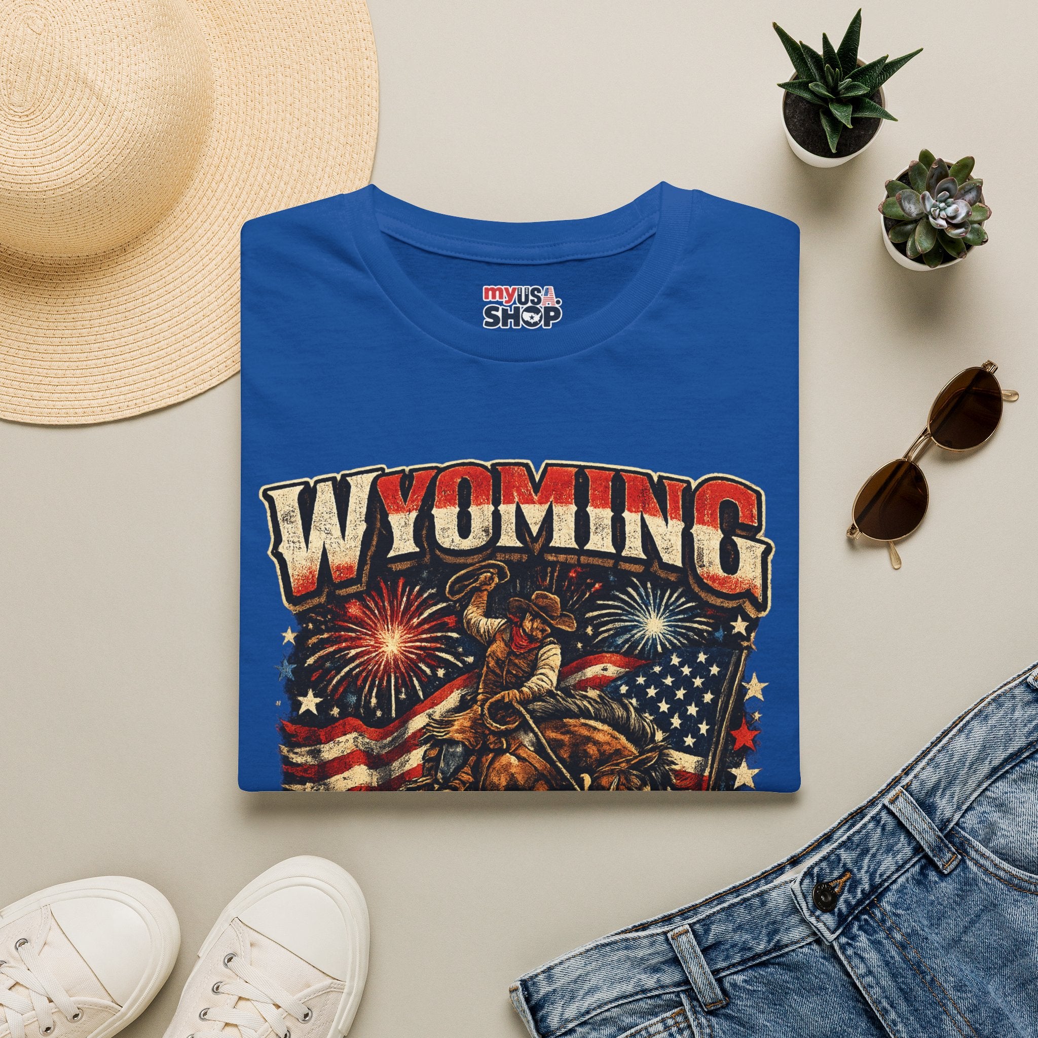 America 250 Freedom Tour T-Shirt — Wyoming Patriotic Rodeo USA Graphic Tee