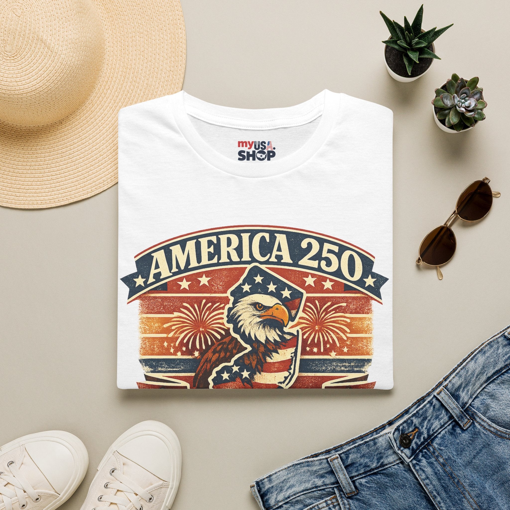 America 250 New Jersey T‑Shirt — Patriotic Bald Eagle & Fireworks Tee