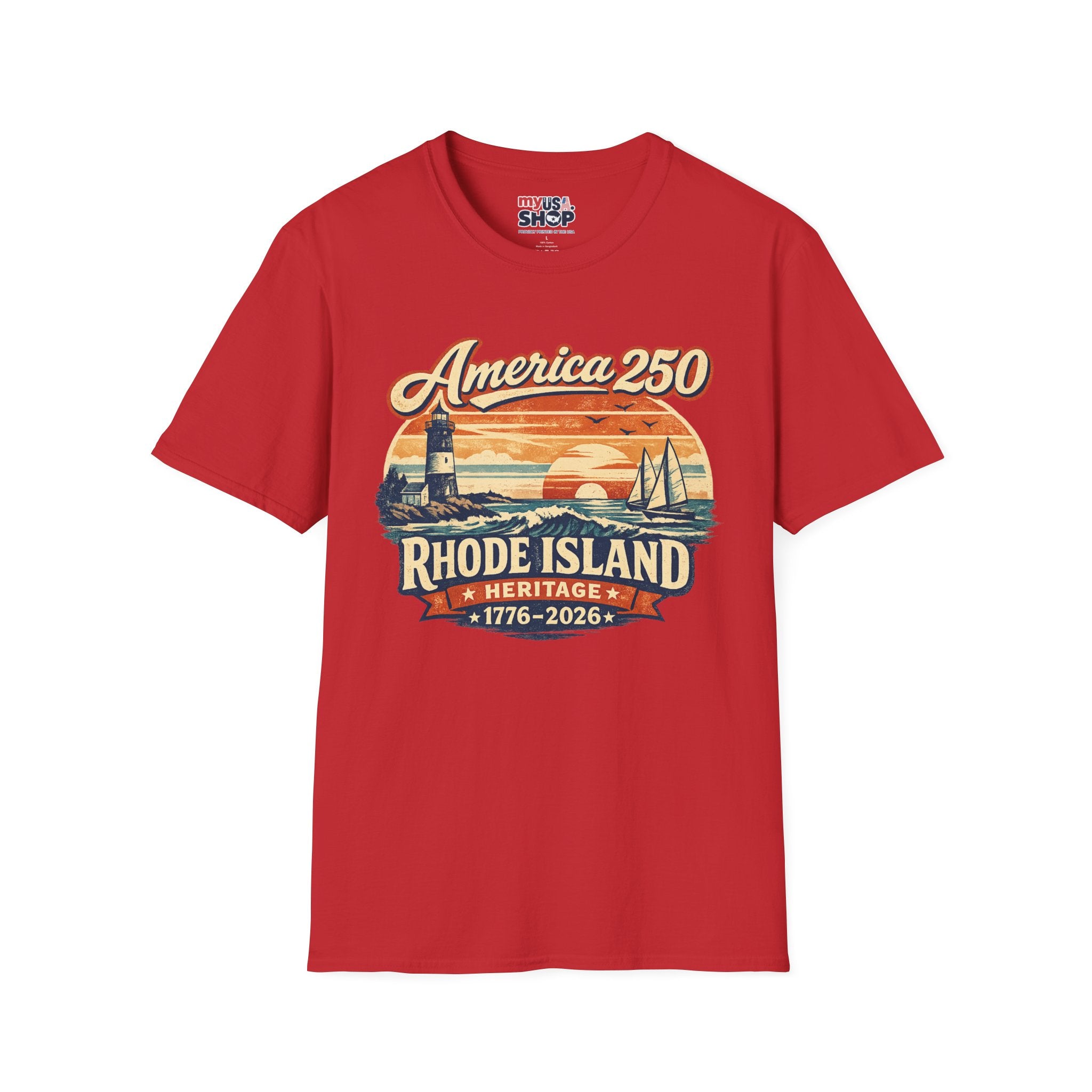 America 250 Rhode Island Heritage Shirt — Coastal Lighthouse Sunset Tee