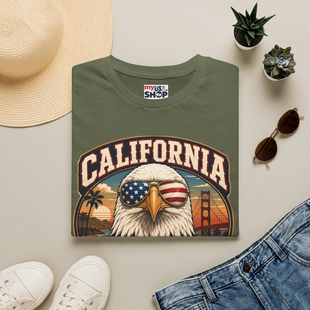 America 250 California Eagle Club T-Shirt — Patriotic Vintage Bald Eagle & Golden Gate Tee