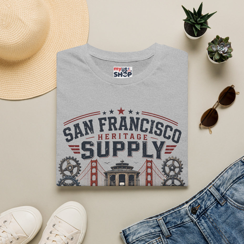 San Francisco Heritage Supply T-Shirt — Vintage Cable Car & Golden Gate Graphic
