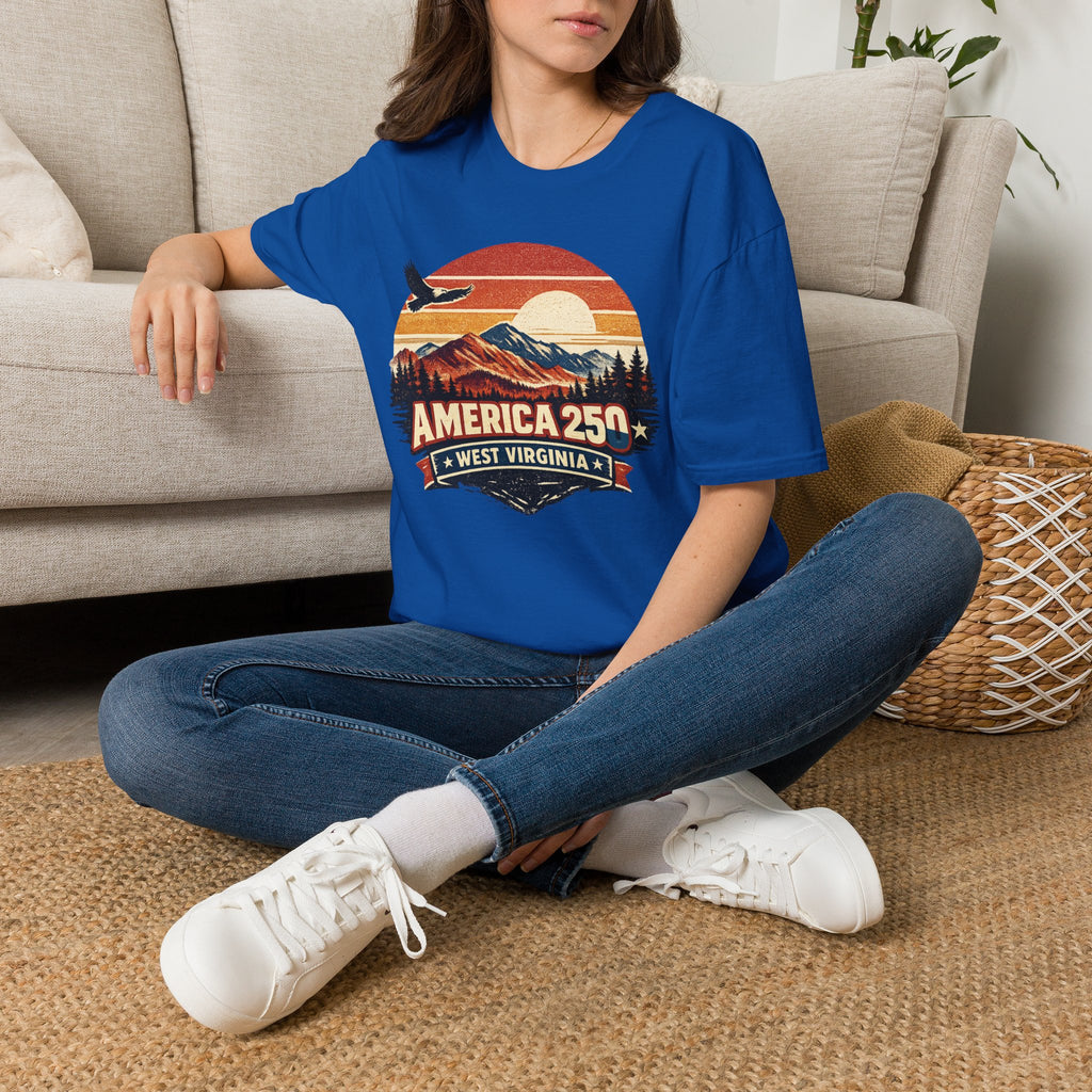 America 250 Retro Sunrise T-Shirt — West Virginia Scenic Eagle Design