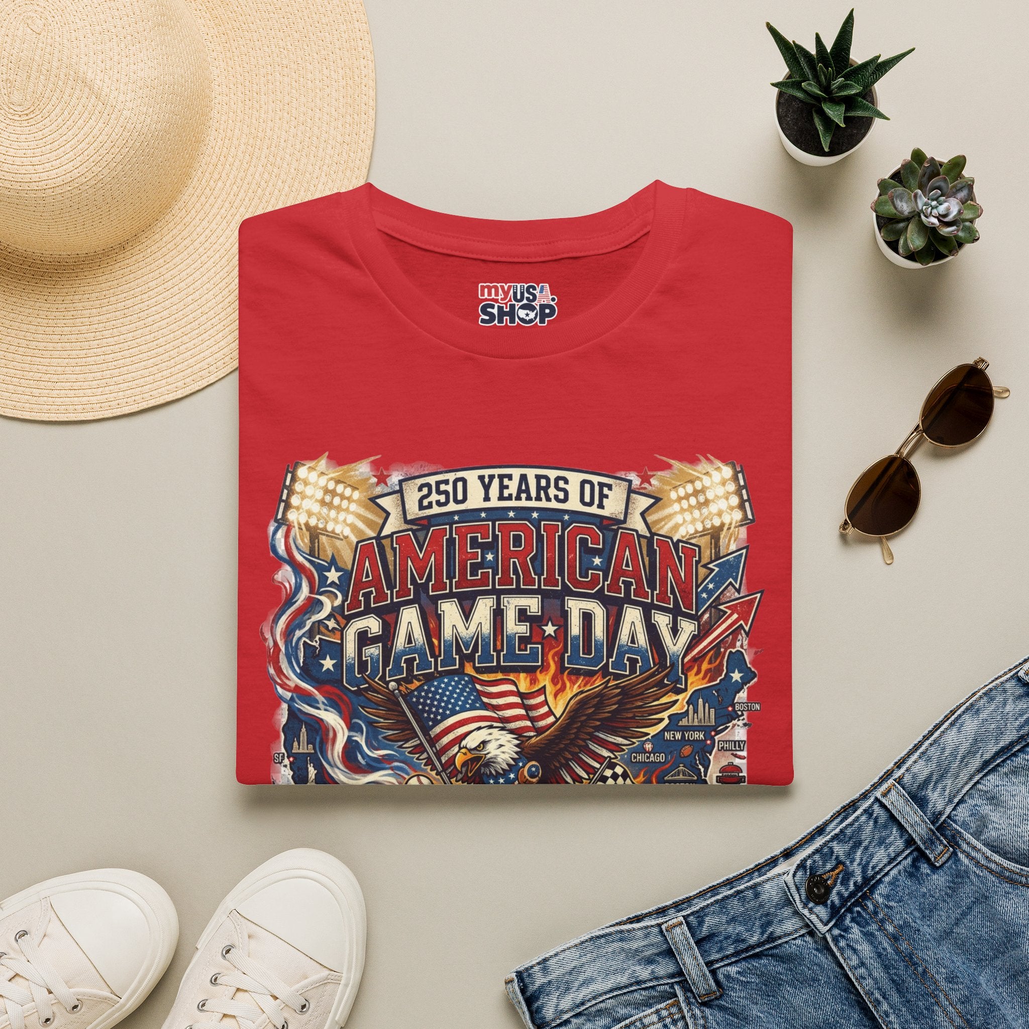 American Game Day T-Shirt — 250 Years USA Football & Baseball Celebration Pop Culture