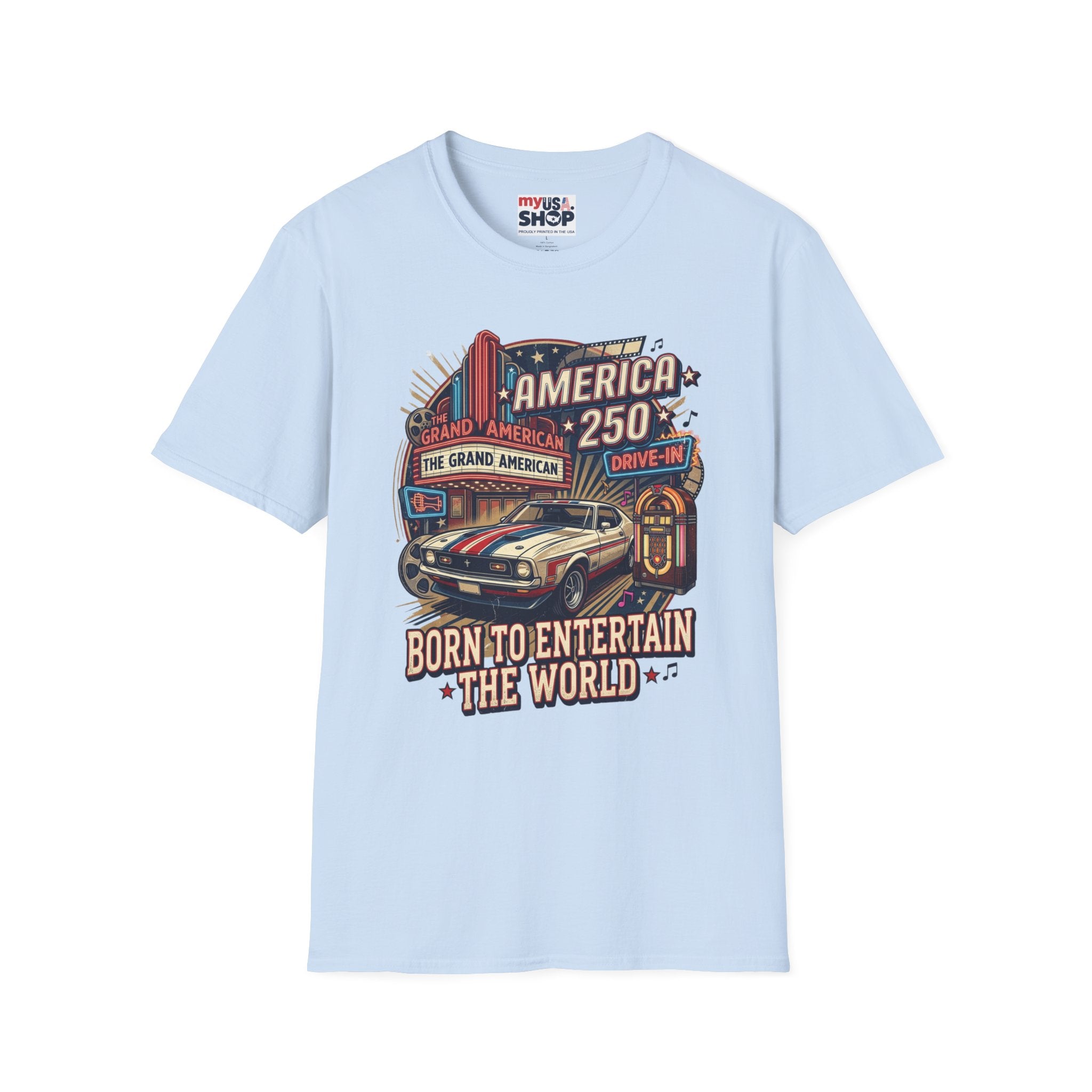 America 250 Vintage Drive-In Car T-Shirt — "Born to Entertain the World" Pop Culture