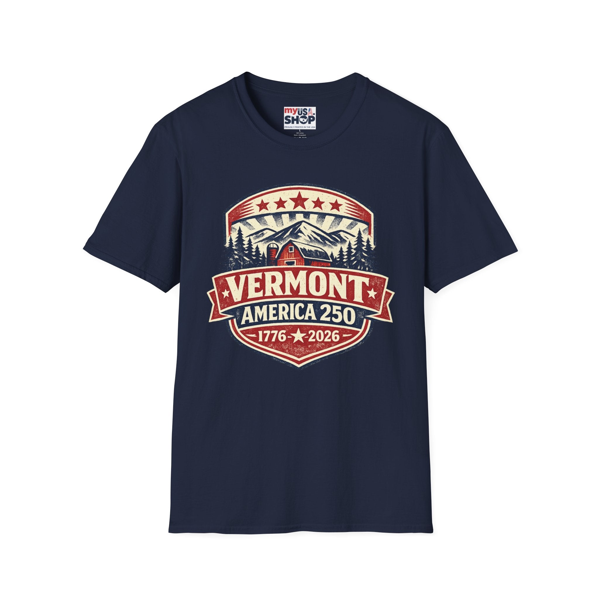 Vermont America 250 T-Shirt — Retro Mountain Cabin Design