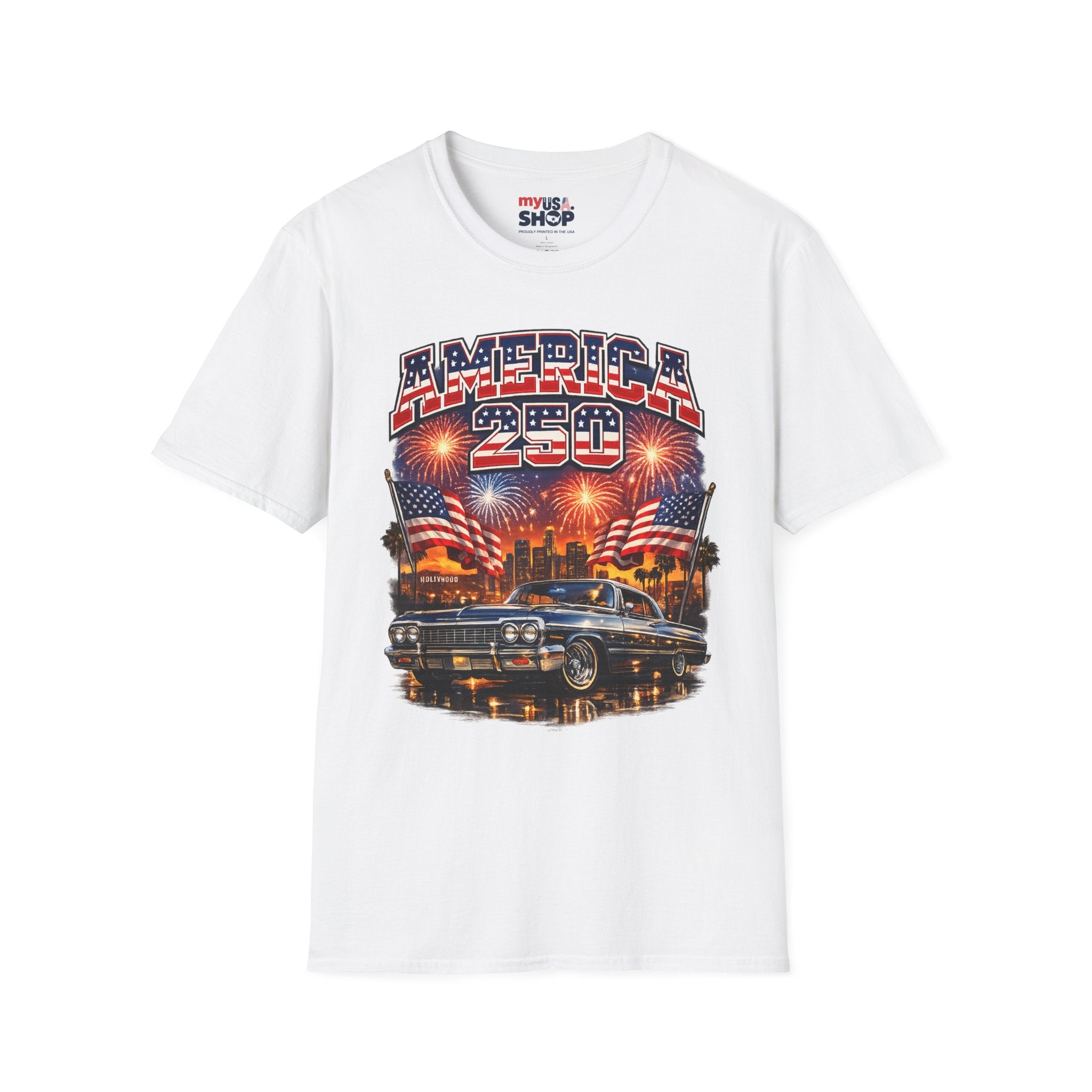 America 250 T-Shirt — Patriotic Fireworks Classic Car Tee for Independence Day