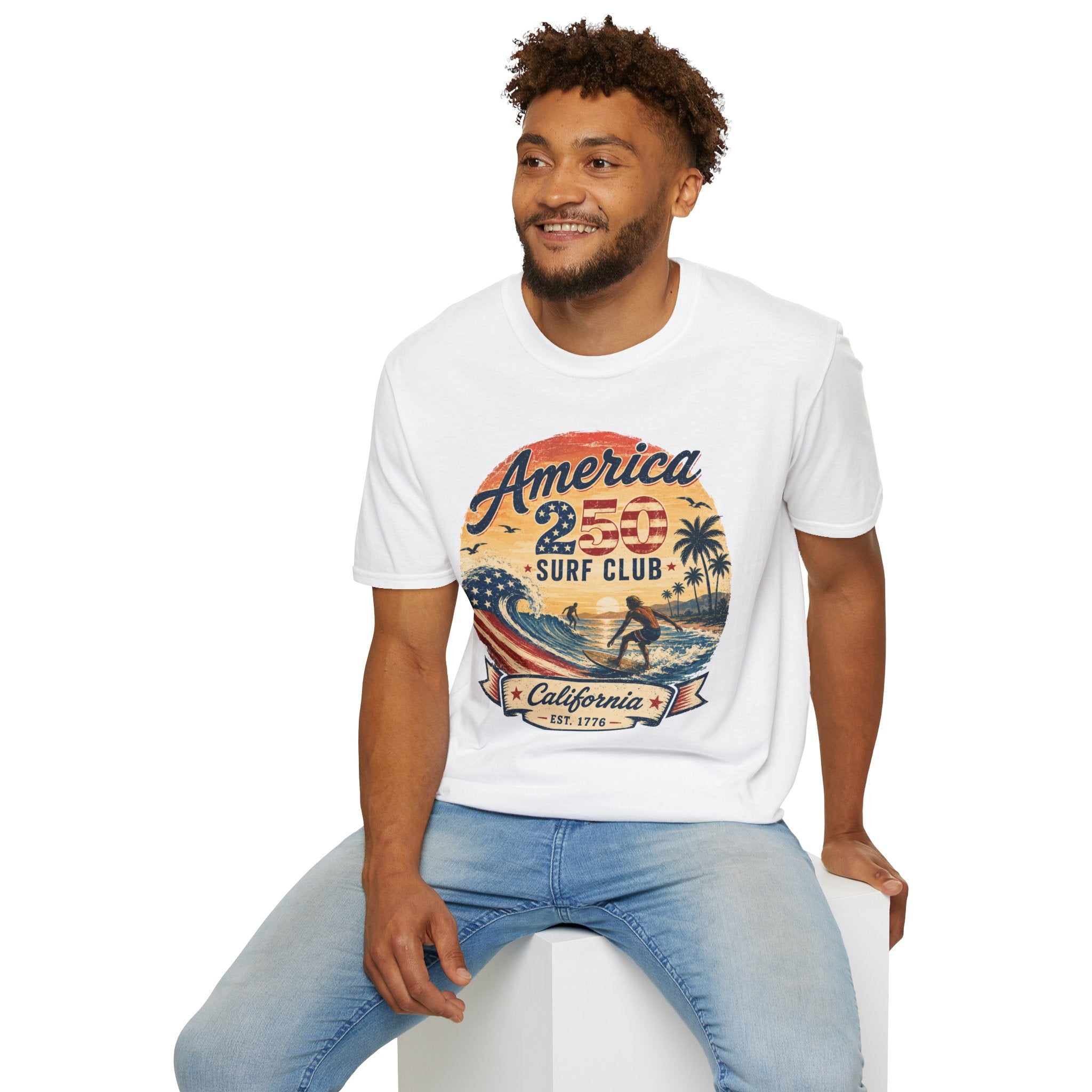 America 250 Surf Club T-Shirt — Patriotic California Surf Vintage Tee