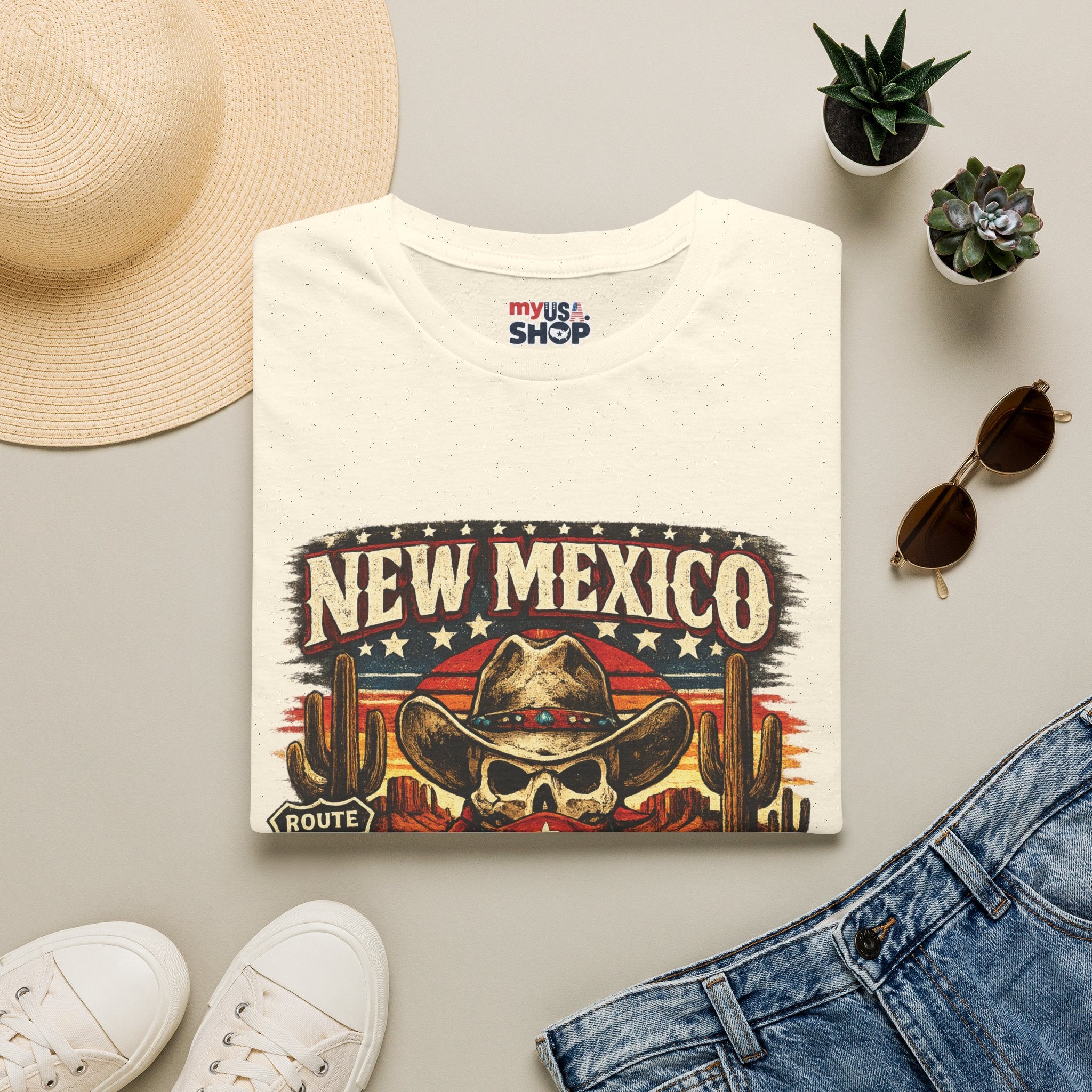 America 250 x New Mexico Skull Cowboy — Vintage Route 66 Desert