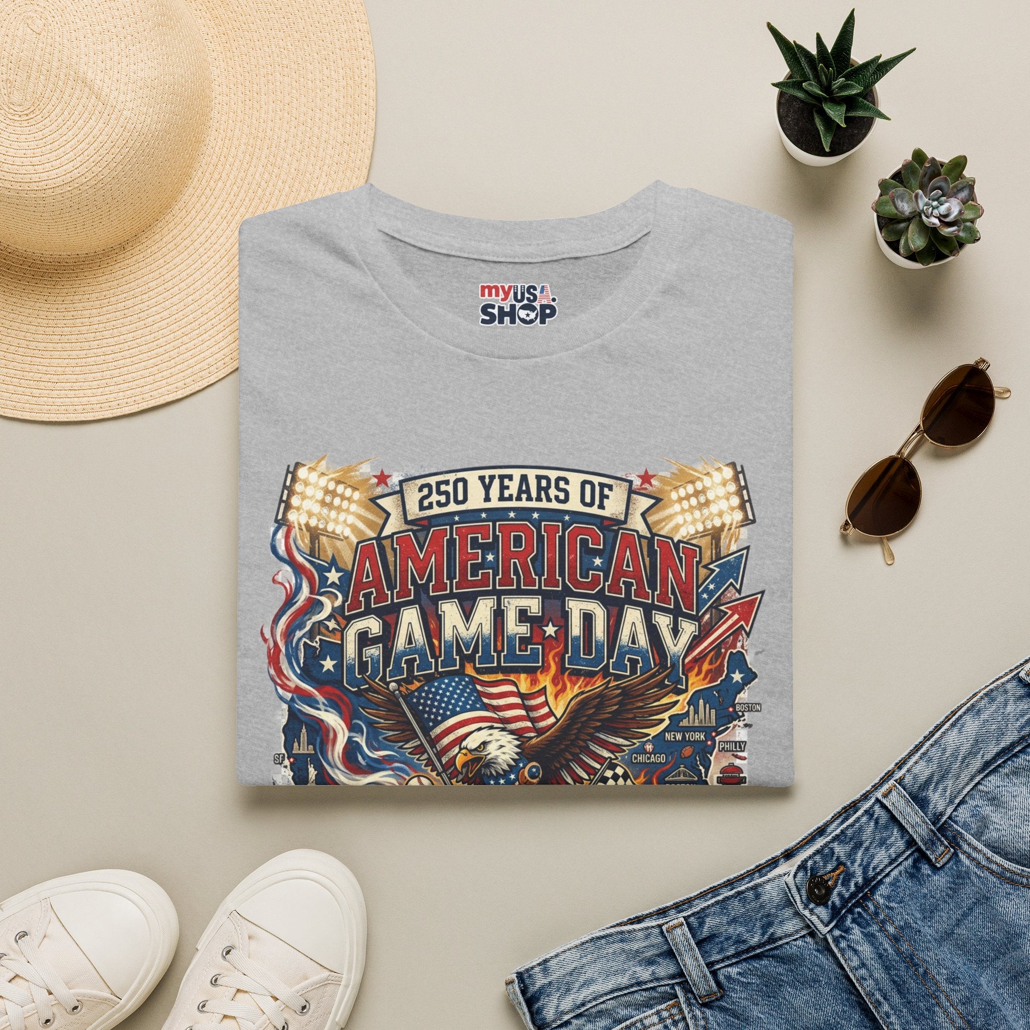 American Game Day T-Shirt — 250 Years USA Football & Baseball Celebration Pop Culture