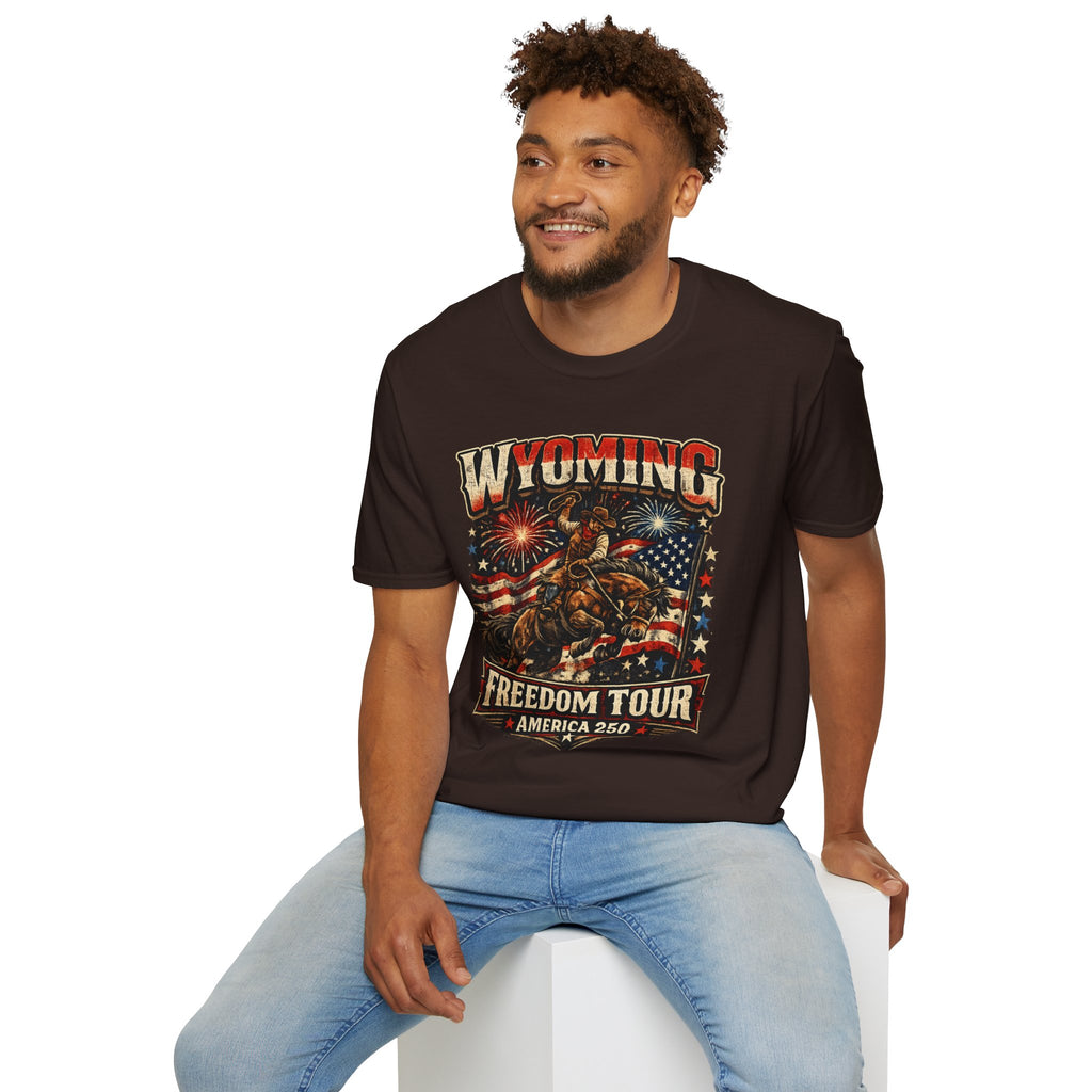 America 250 Freedom Tour T-Shirt — Wyoming Patriotic Rodeo USA Graphic Tee