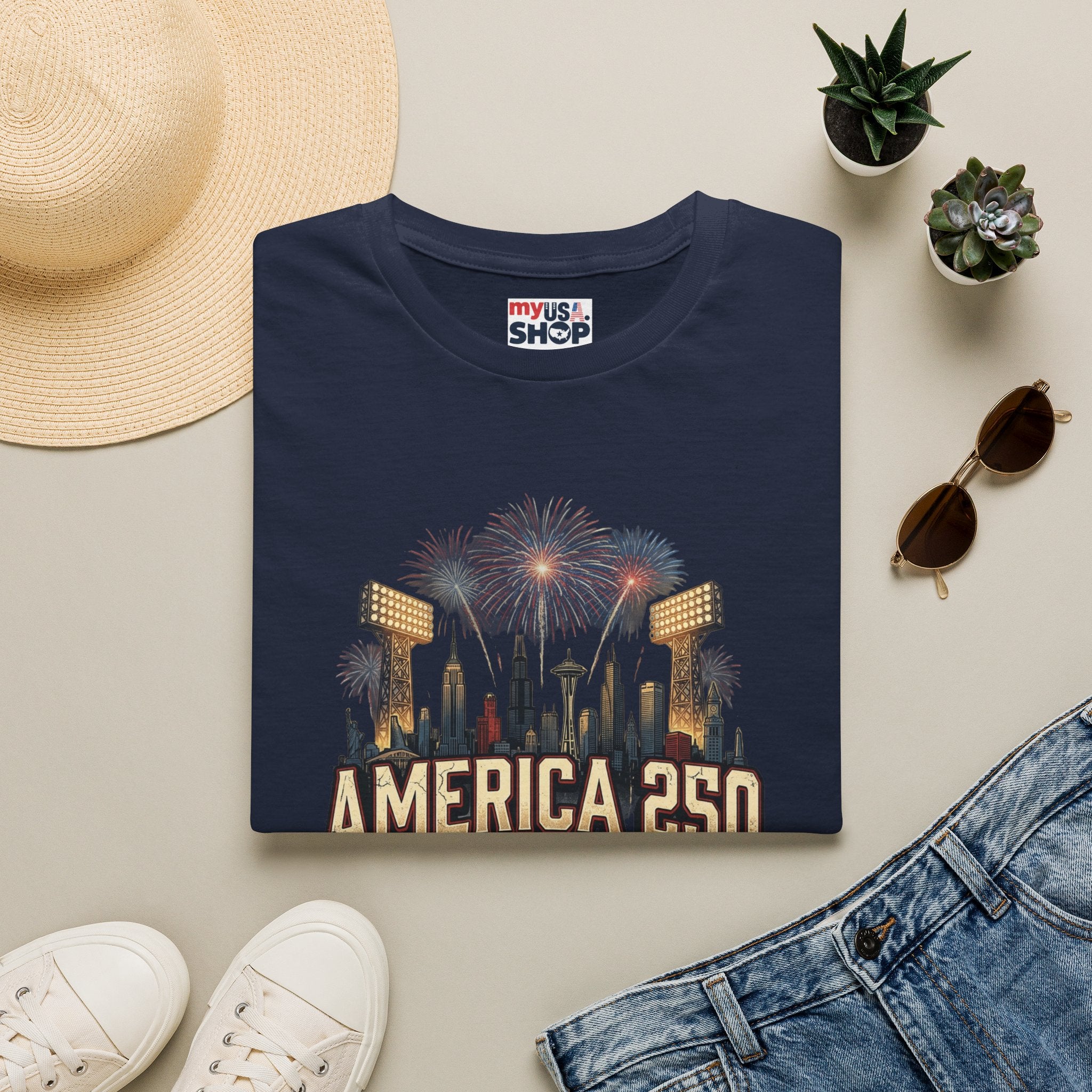 America 250 Celebration T‑Shirt — Hometown Legends Fireworks Skyline Pop Culture