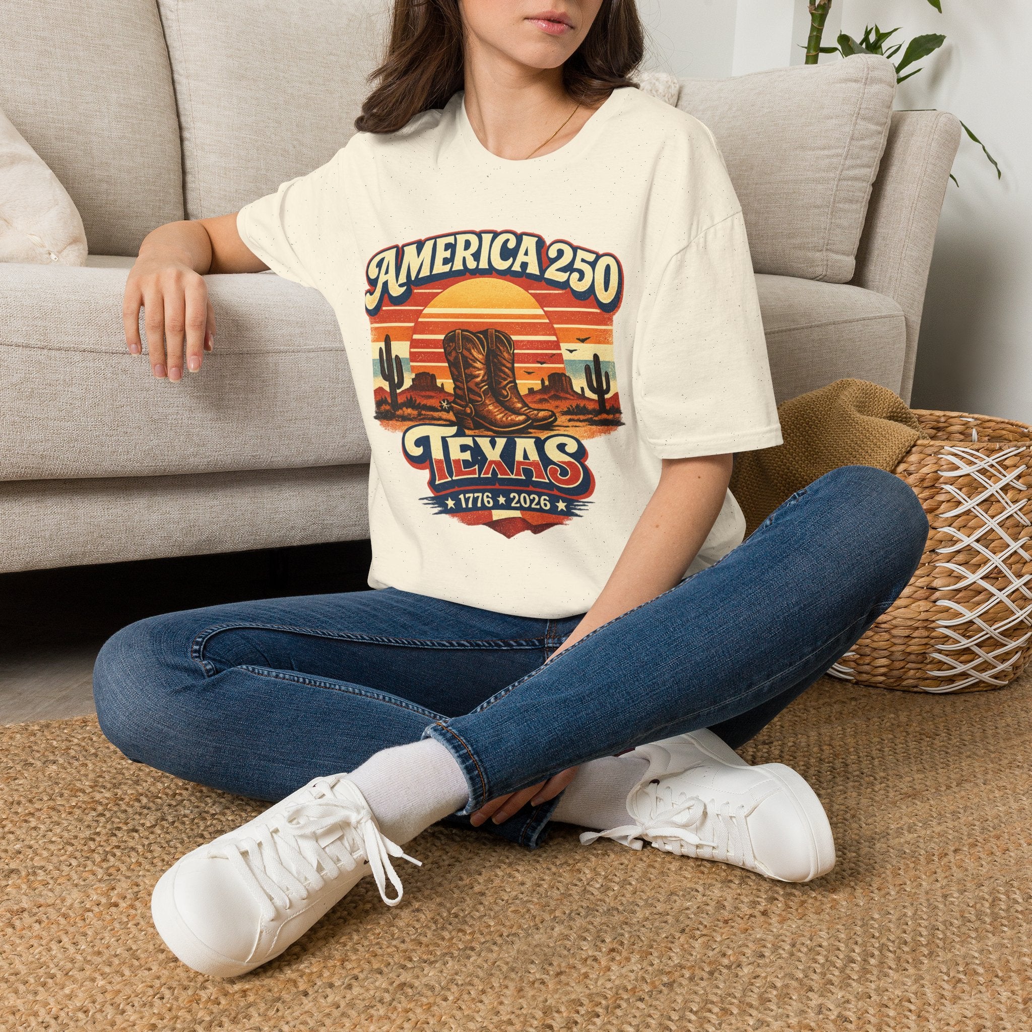 America 250 Texas T-Shirt — 1776–2026 Retro Cowboy Boots Sunset Design