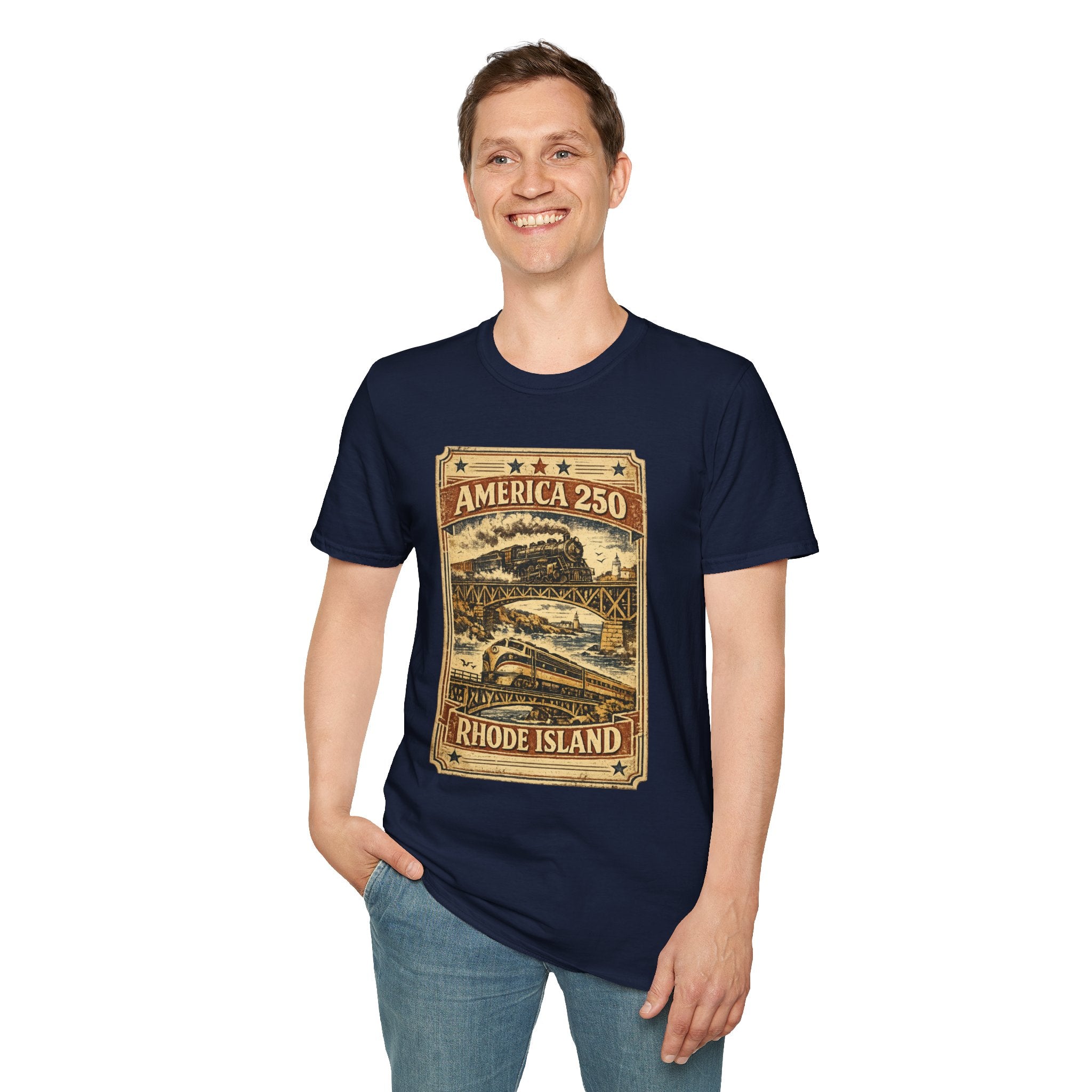 America 250 Rhode Island Train Heritage T-Shirt — Vintage Railroad Graphic Tee