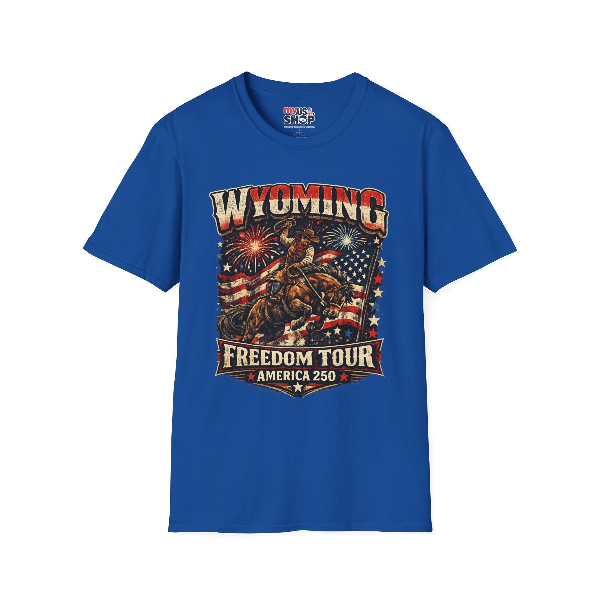 America 250 Freedom Tour T-Shirt — Wyoming Patriotic Rodeo USA Graphic Tee