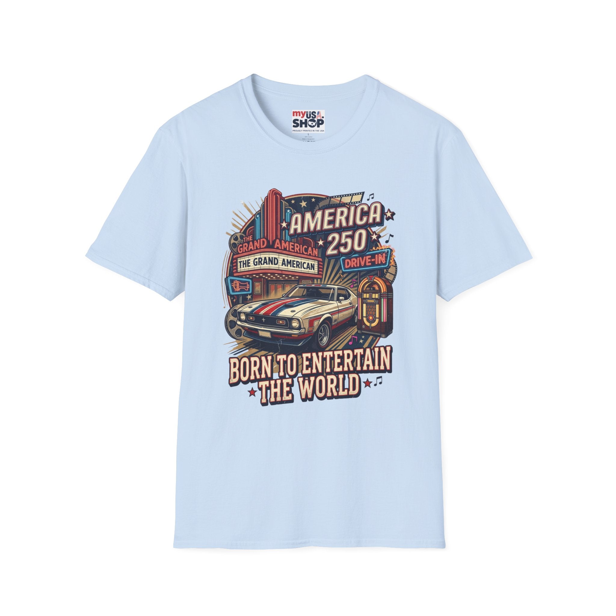 America 250 Vintage Drive-In Car T-Shirt — "Born to Entertain the World" Pop Culture