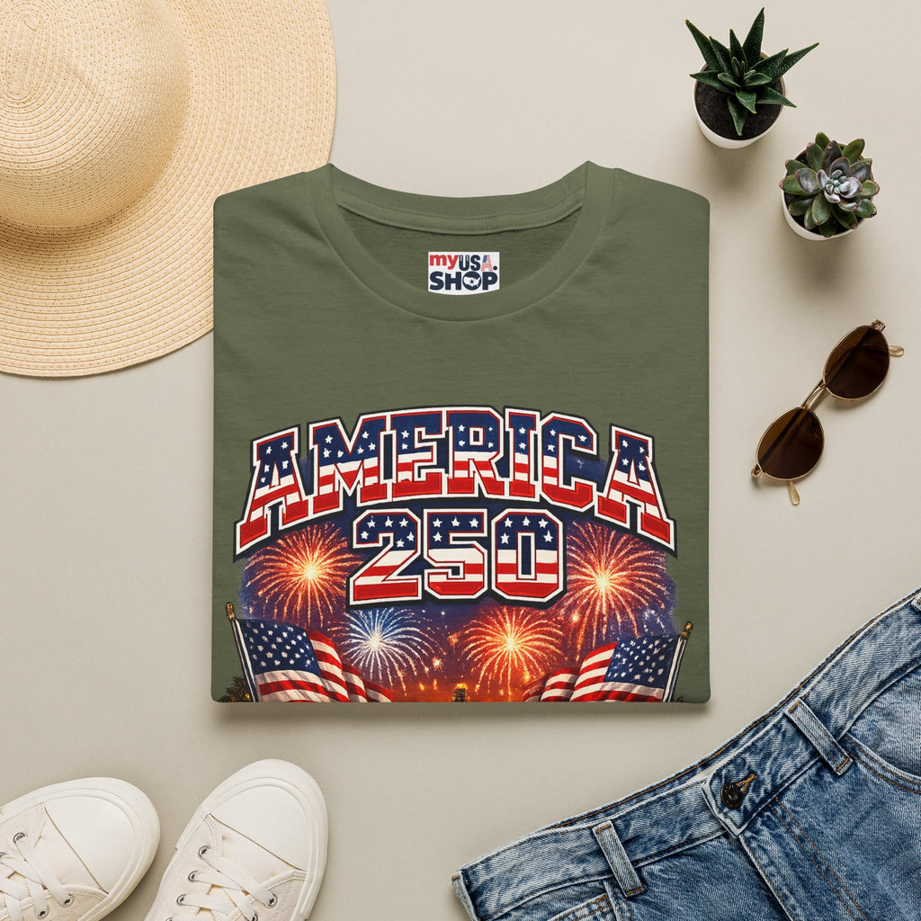 America 250 T-Shirt — Patriotic Fireworks Classic Car Tee for Independence Day