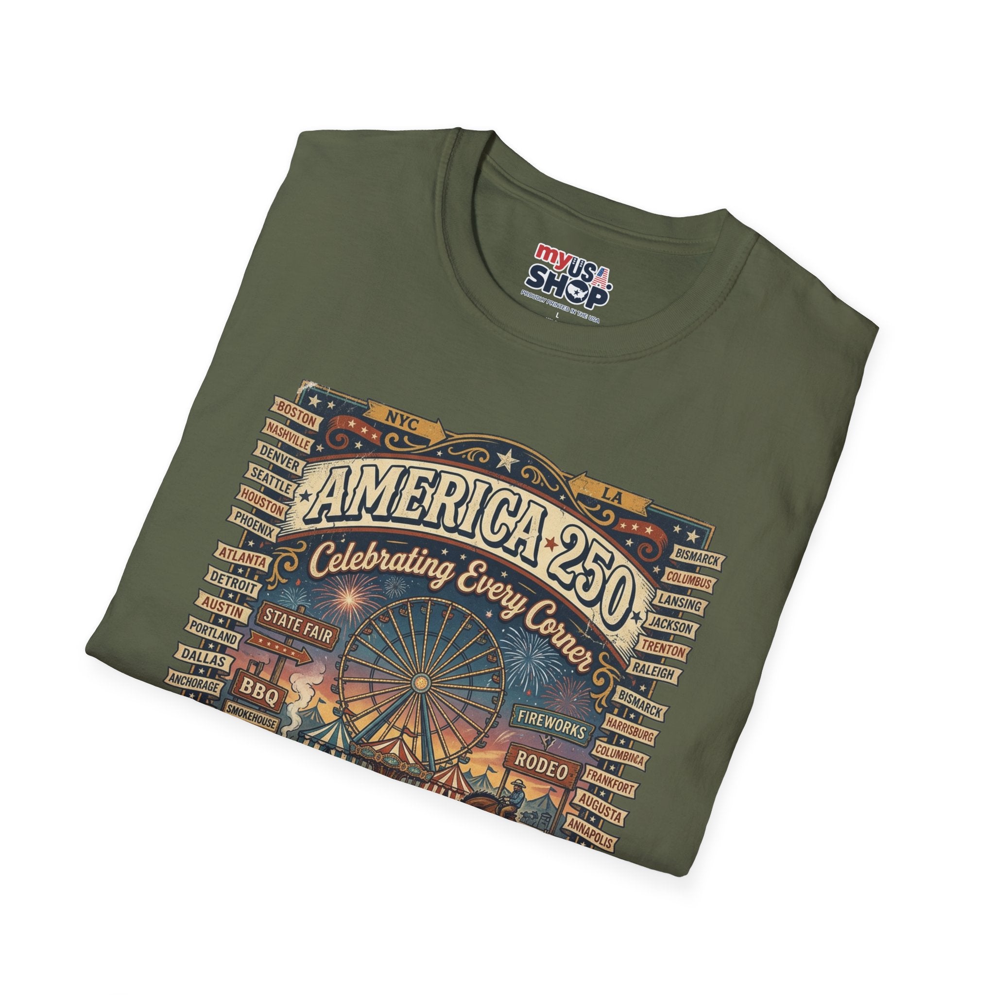 America 250 Celebration T-Shirt — Vintage Fair Ferris Wheel Patriotic Tee Pop Culture