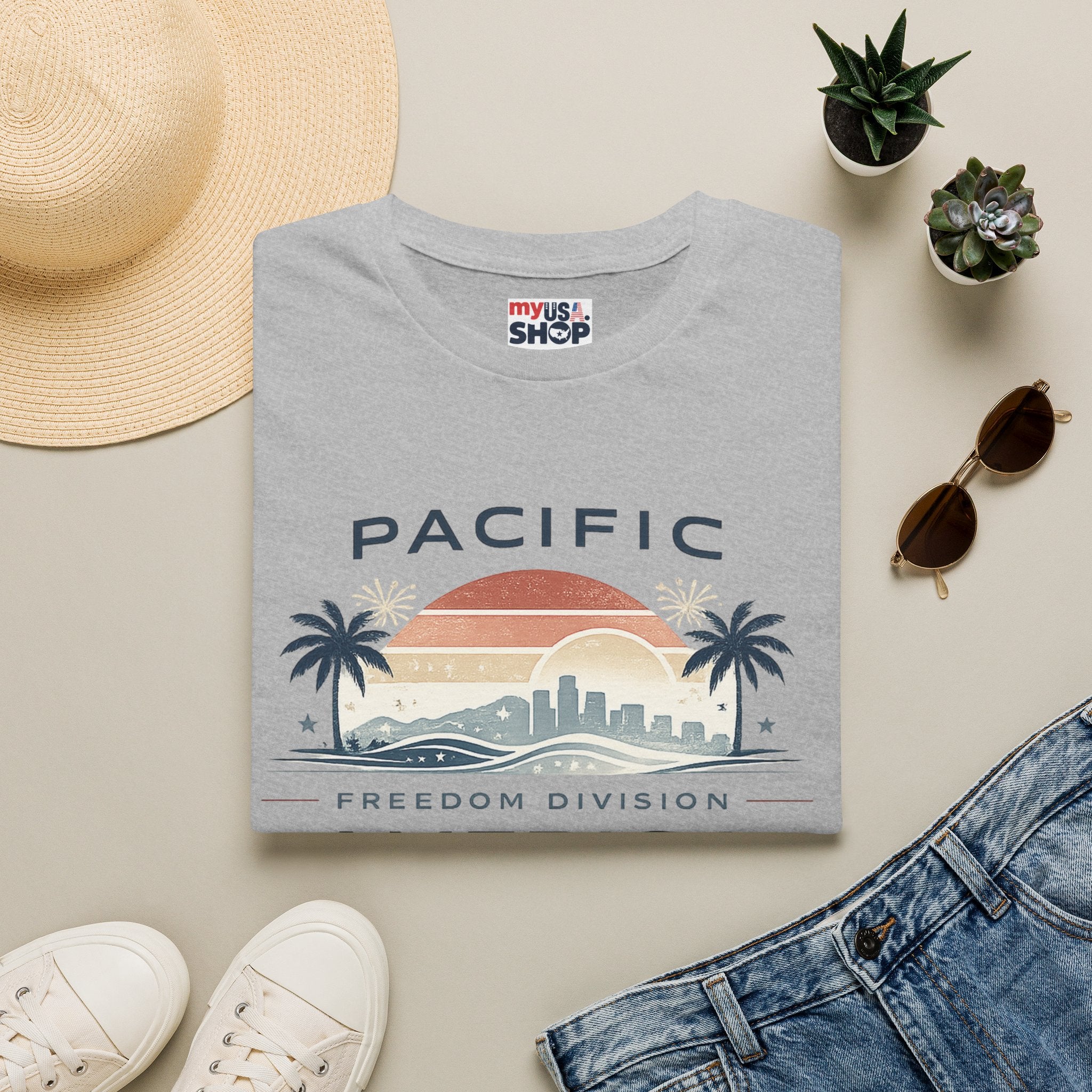 Pacific Freedom Division T-Shirt — Retro Palm Sunset America 250 Graphic Tee