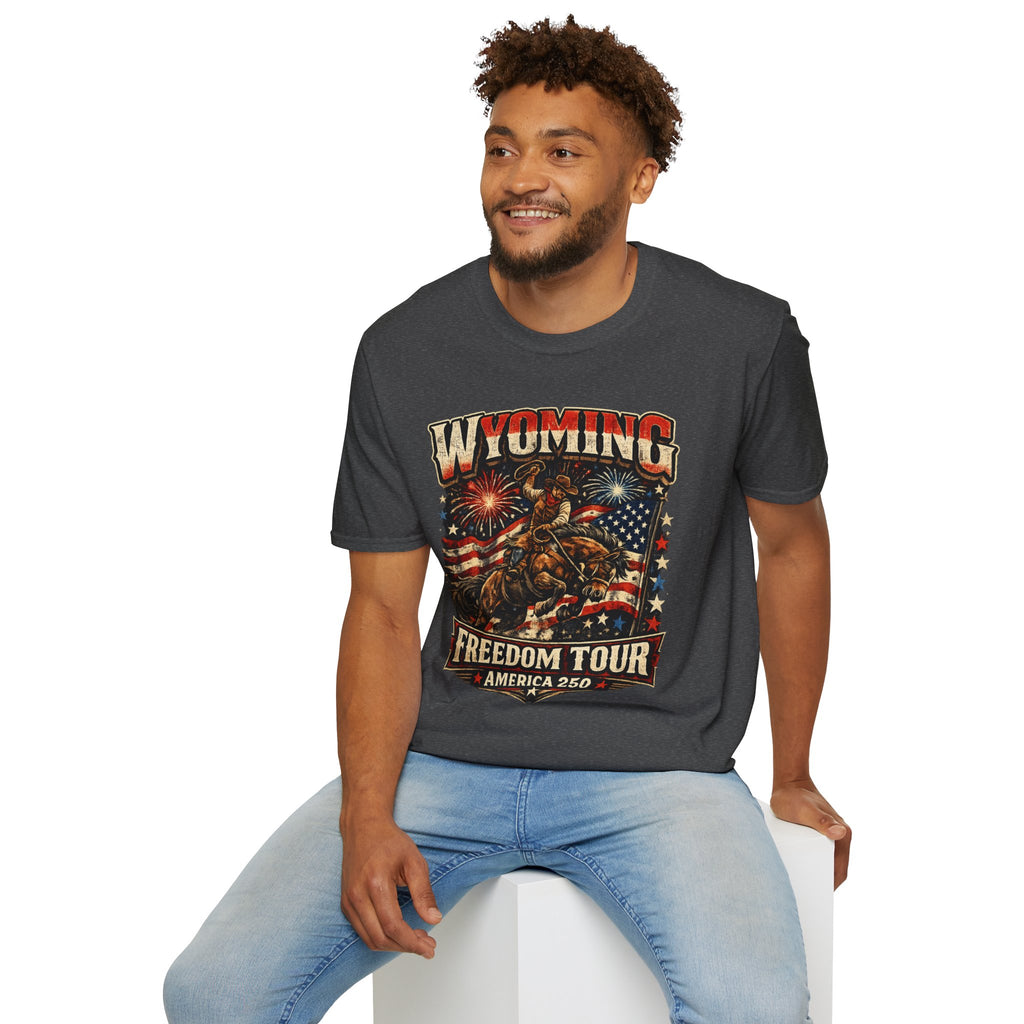 America 250 Freedom Tour T-Shirt — Wyoming Patriotic Rodeo USA Graphic Tee
