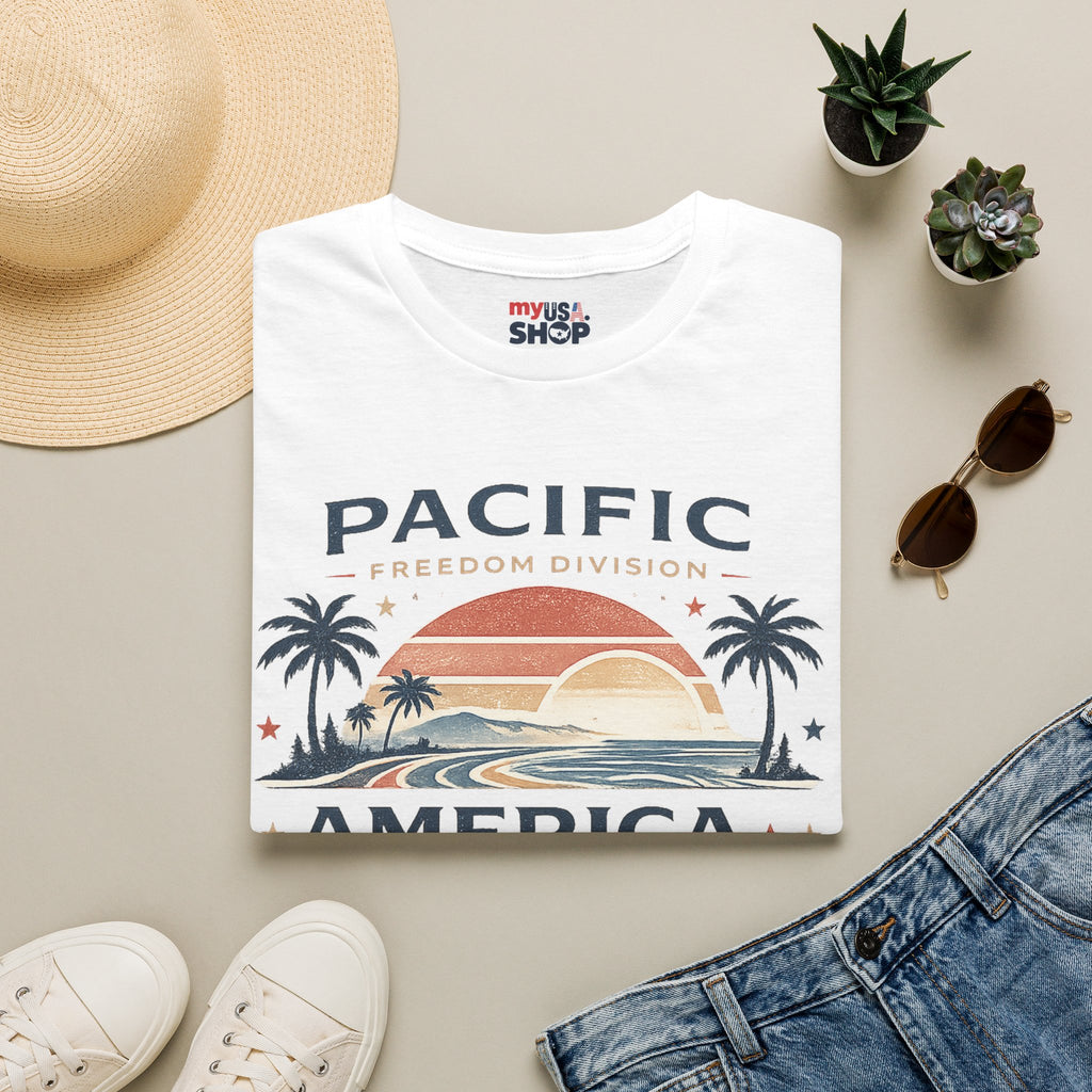 America 250 Pacific Sunset T-Shirt — Vintage Coastal Palm Beach Graphic