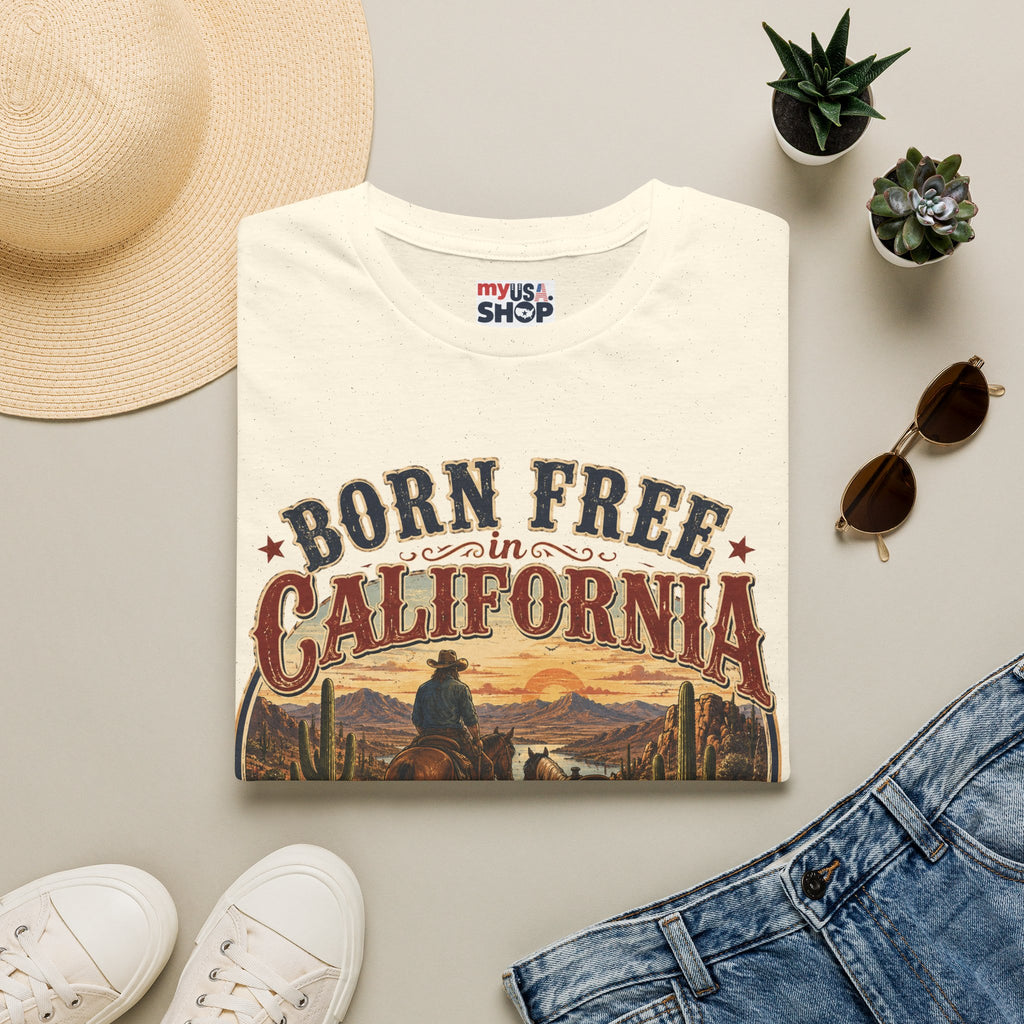 America 250 Born Free in California T-Shirt — Vintage Western Sunset Graphic