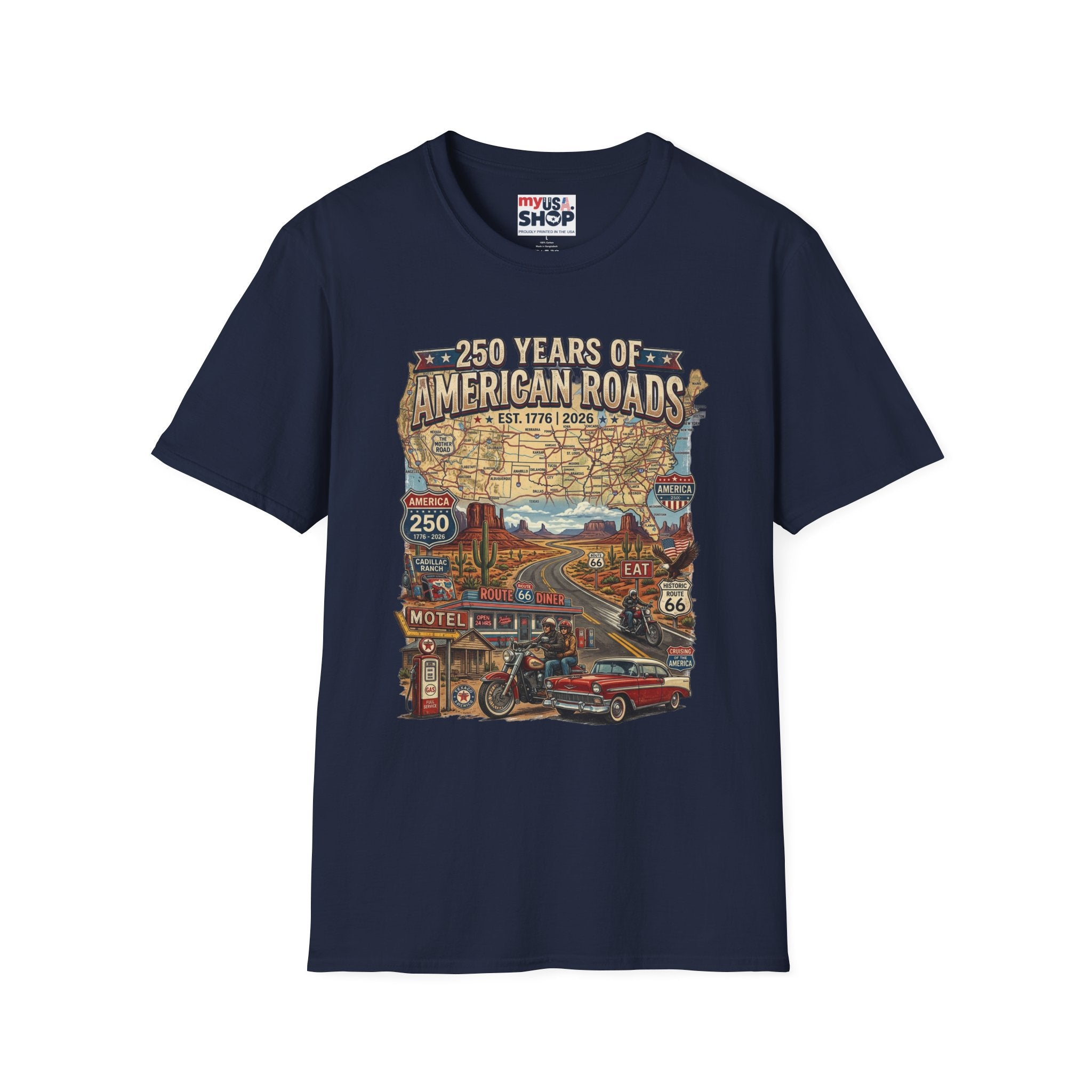250 Years of American Roads T‑Shirt — Vintage USA Roadmap & Route 66 Travel Tee America 250 Pop Culture
