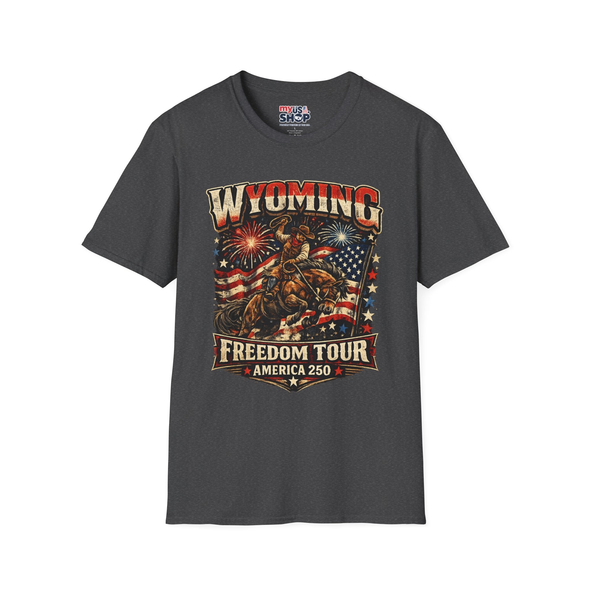 America 250 Freedom Tour T-Shirt — Wyoming Patriotic Rodeo USA Graphic Tee