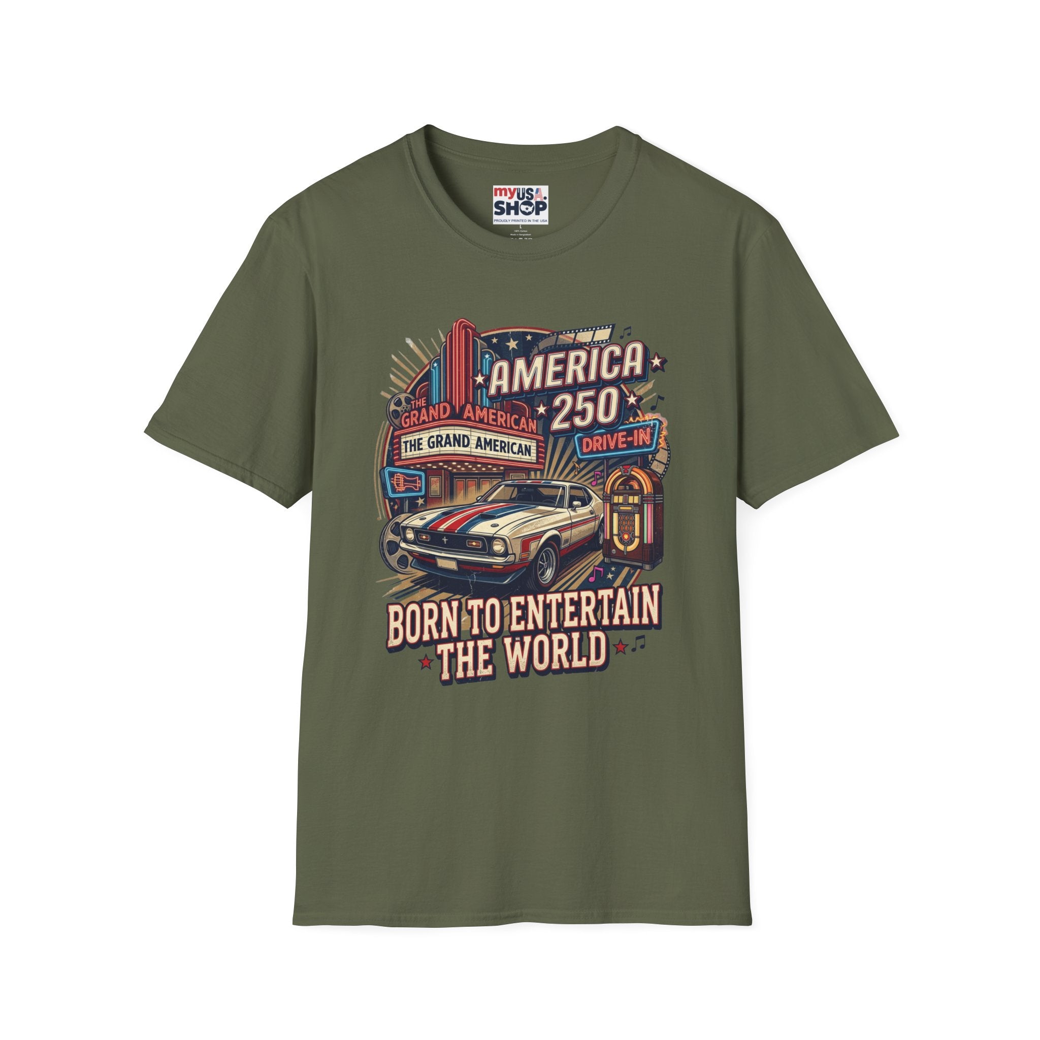 America 250 Vintage Drive-In Car T-Shirt — "Born to Entertain the World" Pop Culture