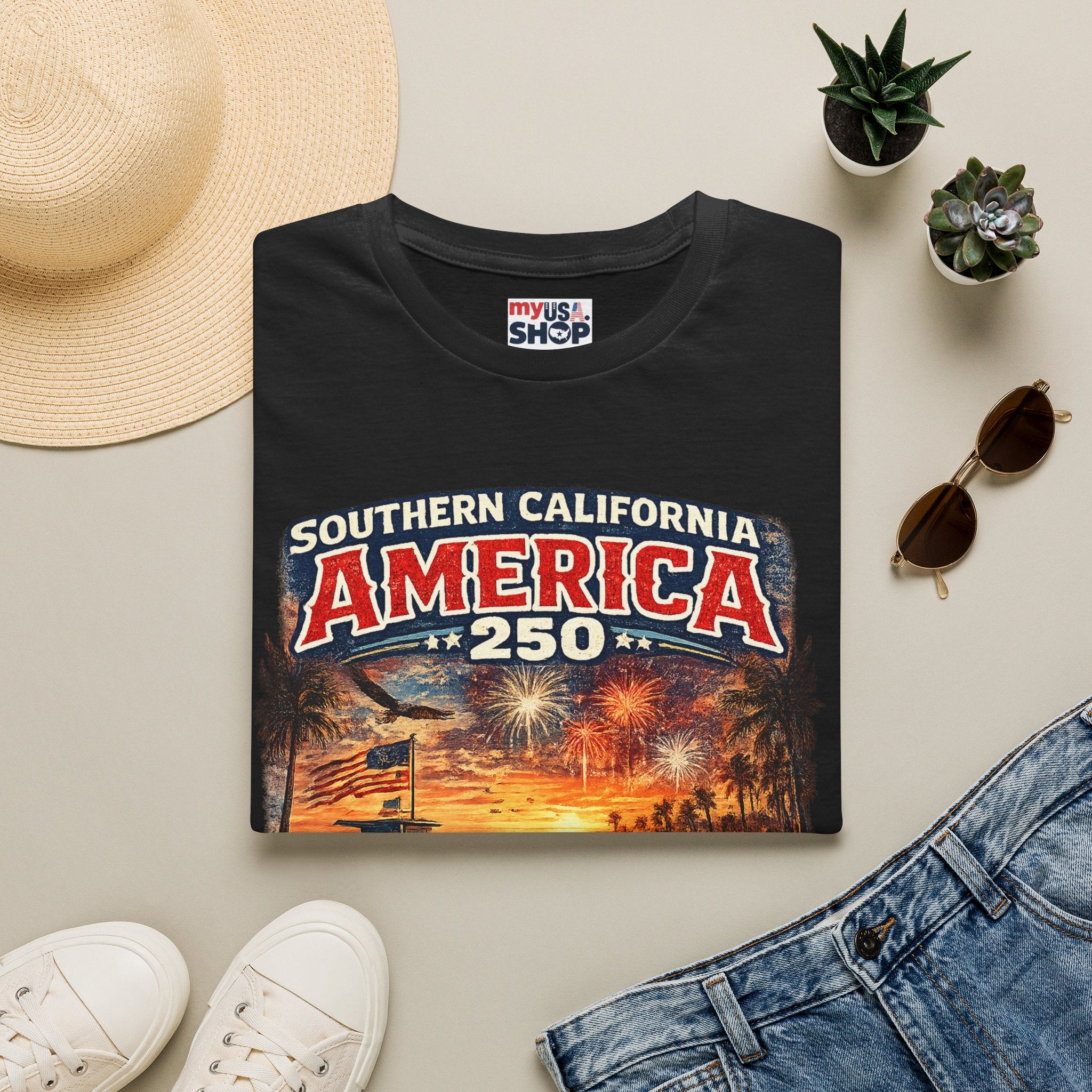 America 250 Southern California Sunset T-Shirt — Patriotic 4th of July Beach Vintage Tee