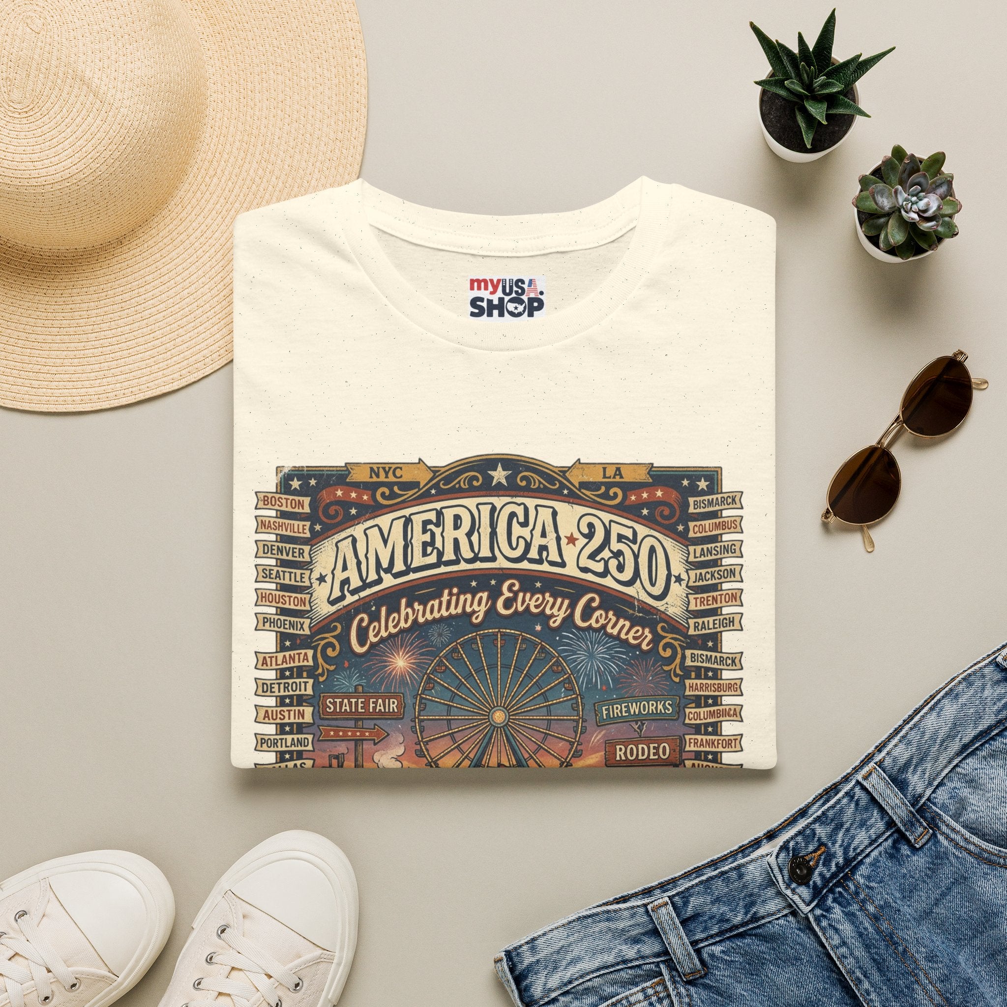 America 250 Celebration T-Shirt — Vintage Fair Ferris Wheel Patriotic Tee Pop Culture