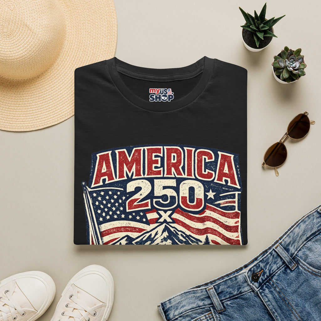 America 250 Oregon Shirt — Patriotic Mountain Flag Badge Tee