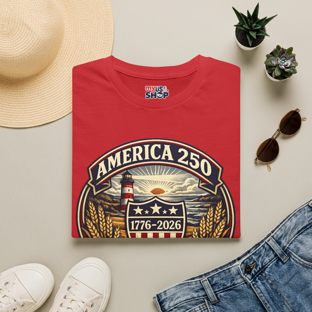 America 250 Commemorative T-Shirt – Wisconsin History Lighthouse Vintage Badge