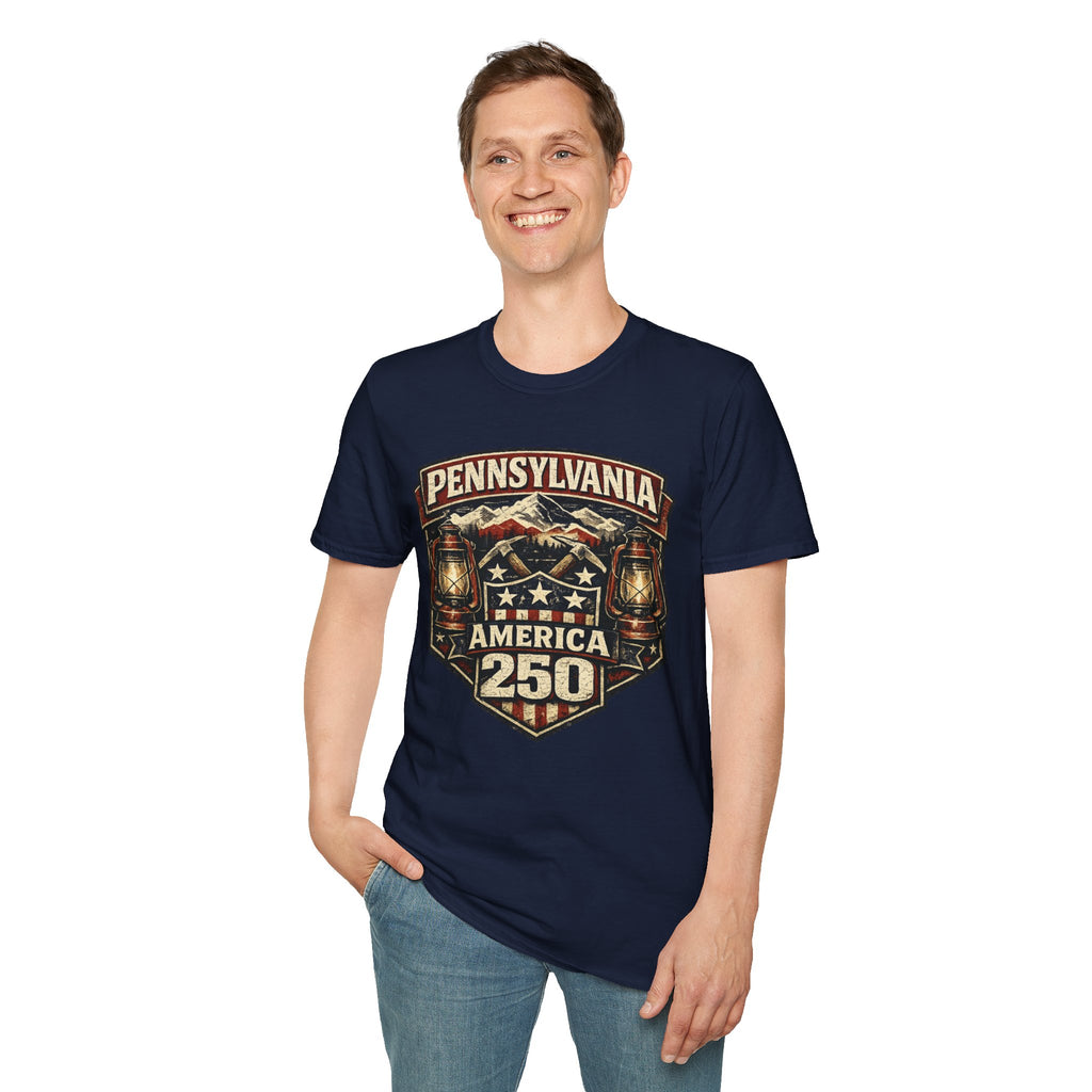 Pennsylvania America 250 Shirt — Rustic Mountain Miner Badge Graphic Tee