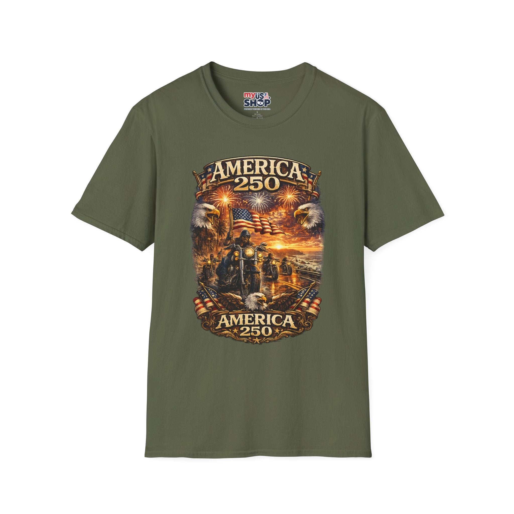 America 250 Celebration T-Shirt — Patriotic Fireworks & Bald Eagle Tee
