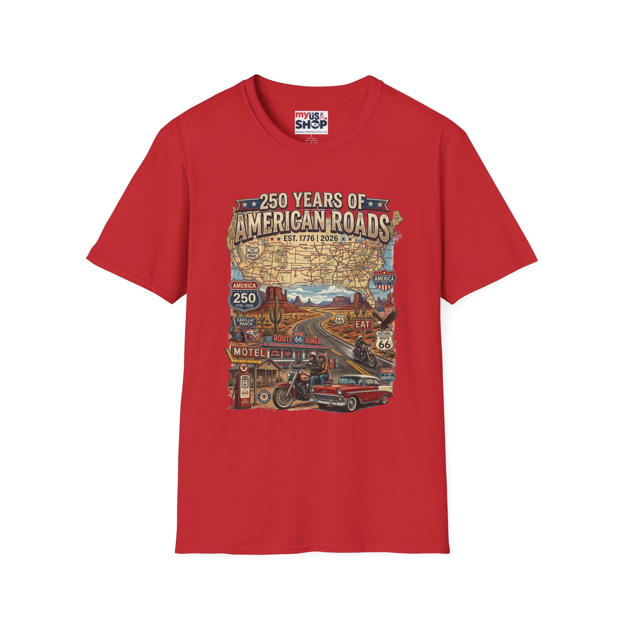 250 Years of American Roads T‑Shirt — Vintage USA Roadmap & Route 66 Travel Tee America 250 Pop Culture