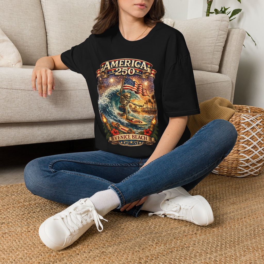 America 250 Venice Beach T-Shirt — Patriotic Vintage Surf & Fireworks Tee