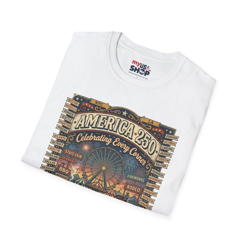 America 250 Celebration T-Shirt — Vintage Fair Ferris Wheel Patriotic Tee Pop Culture