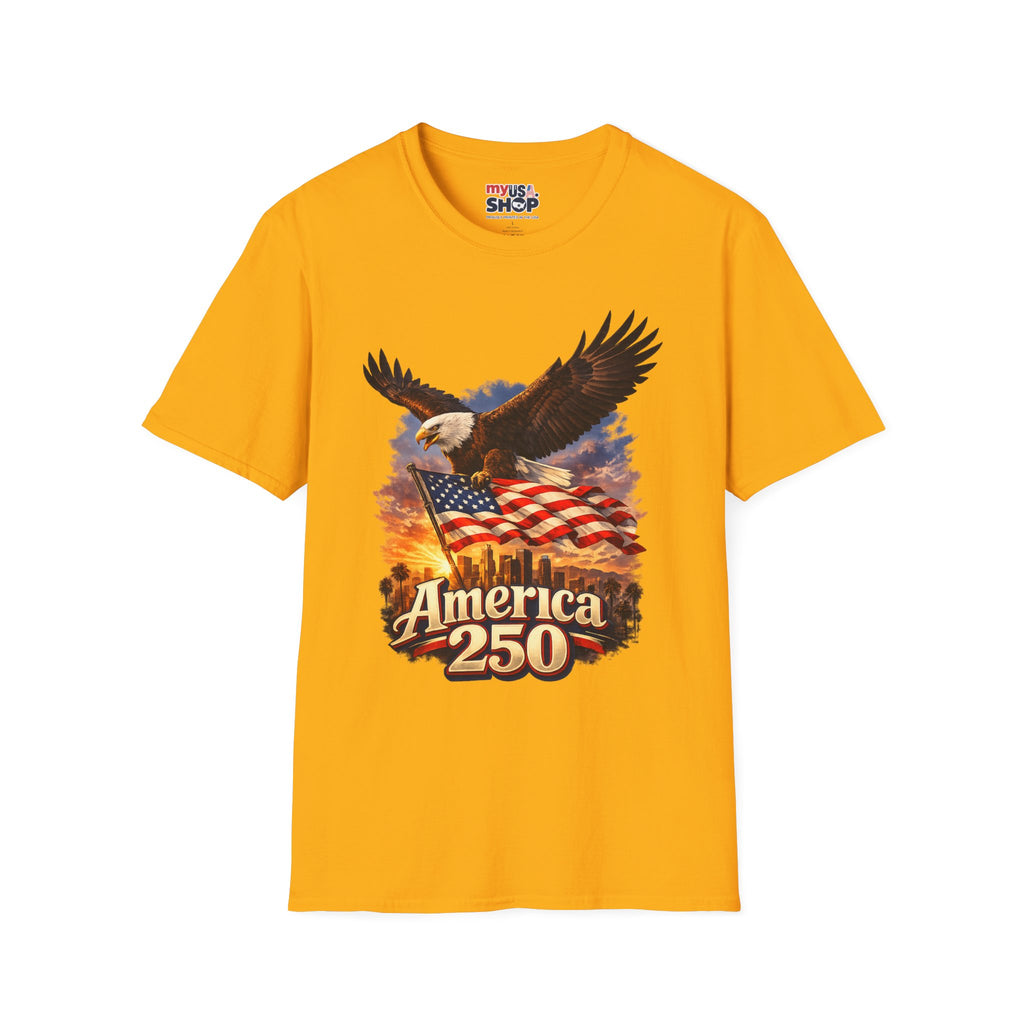 America 250 Los Angeles Eagle Flag Skyline Palms Sunset White California Tee