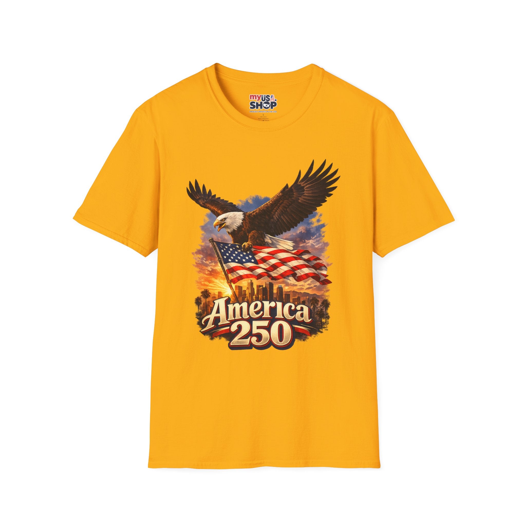 America 250 Los Angeles Eagle Flag Skyline Palms Sunset White California Tee