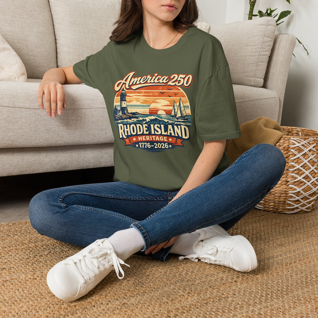America 250 Rhode Island Heritage Shirt — Coastal Lighthouse Sunset Tee