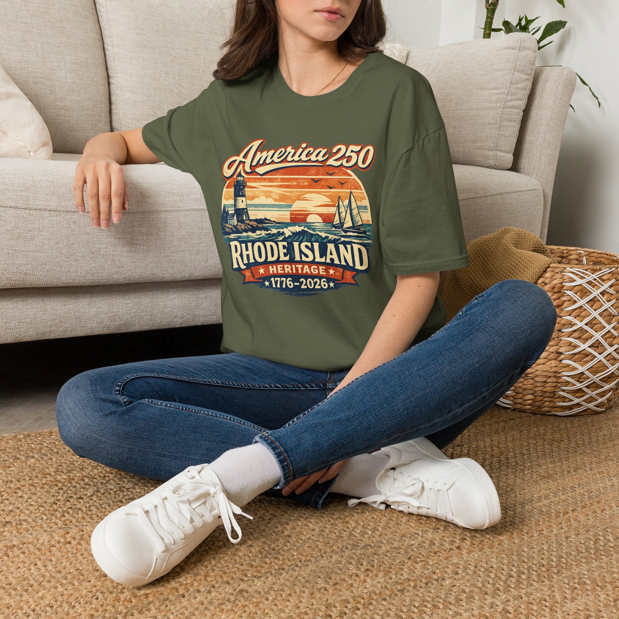America 250 Rhode Island Heritage Shirt — Coastal Lighthouse Sunset Tee