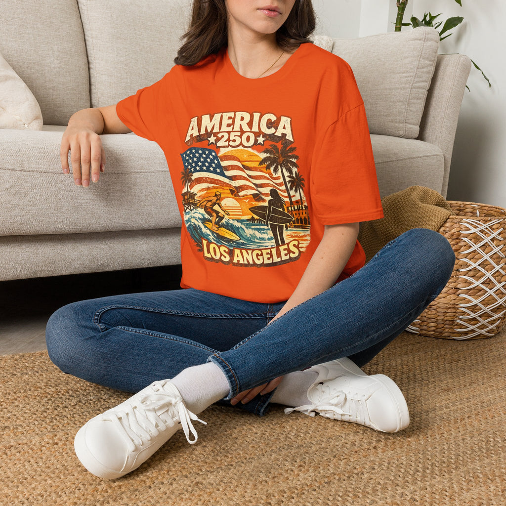 America 250 Los Angeles Surfers Beach Flag Palm Trees Sunset Retro California Tee