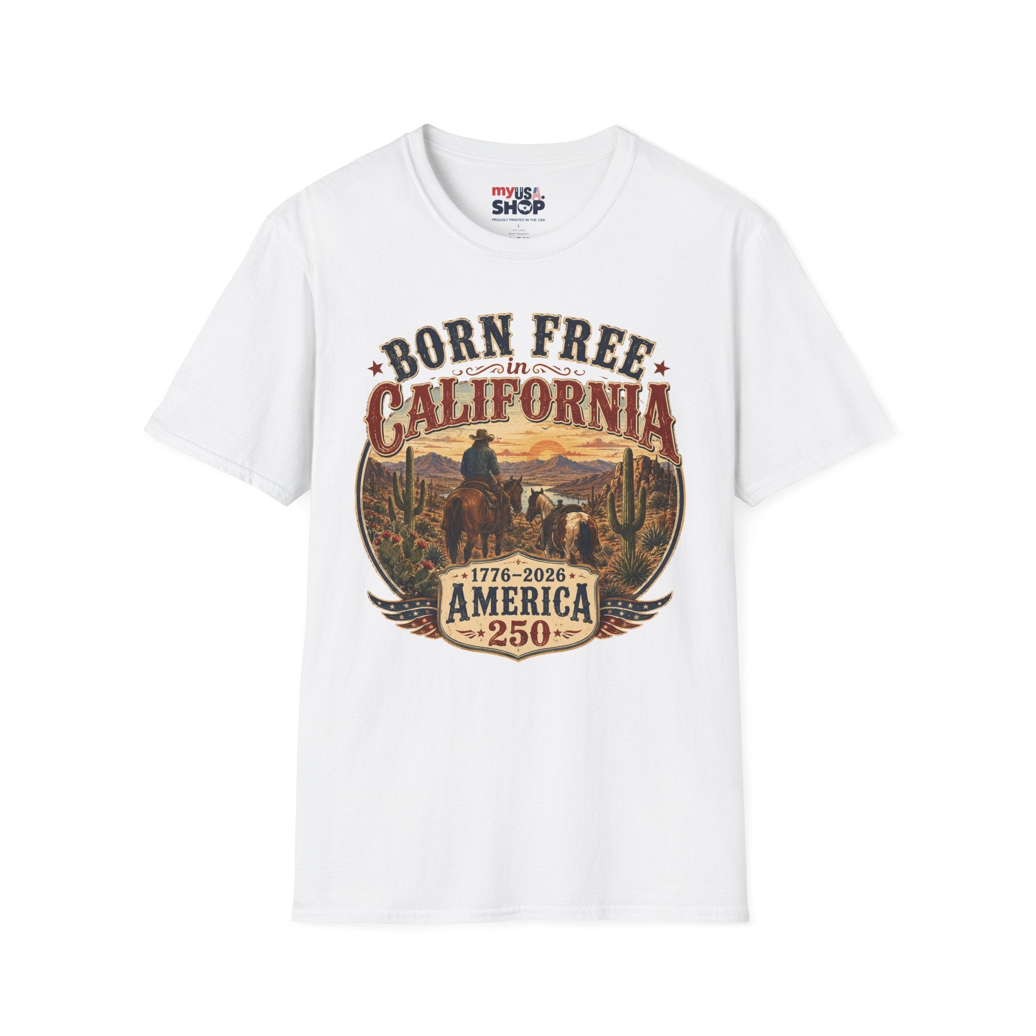 America 250 Born Free in California T-Shirt — Vintage Western Sunset Graphic