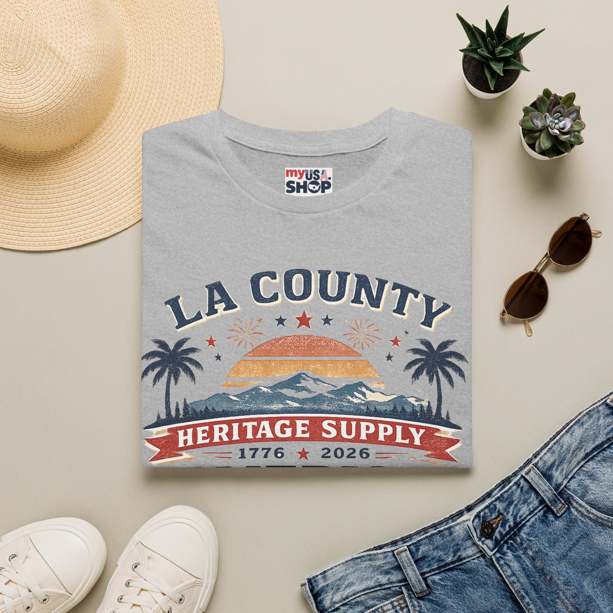 LA County Heritage Supply America 250 T-Shirt — 1776–2026 Vintage Sunset Tee