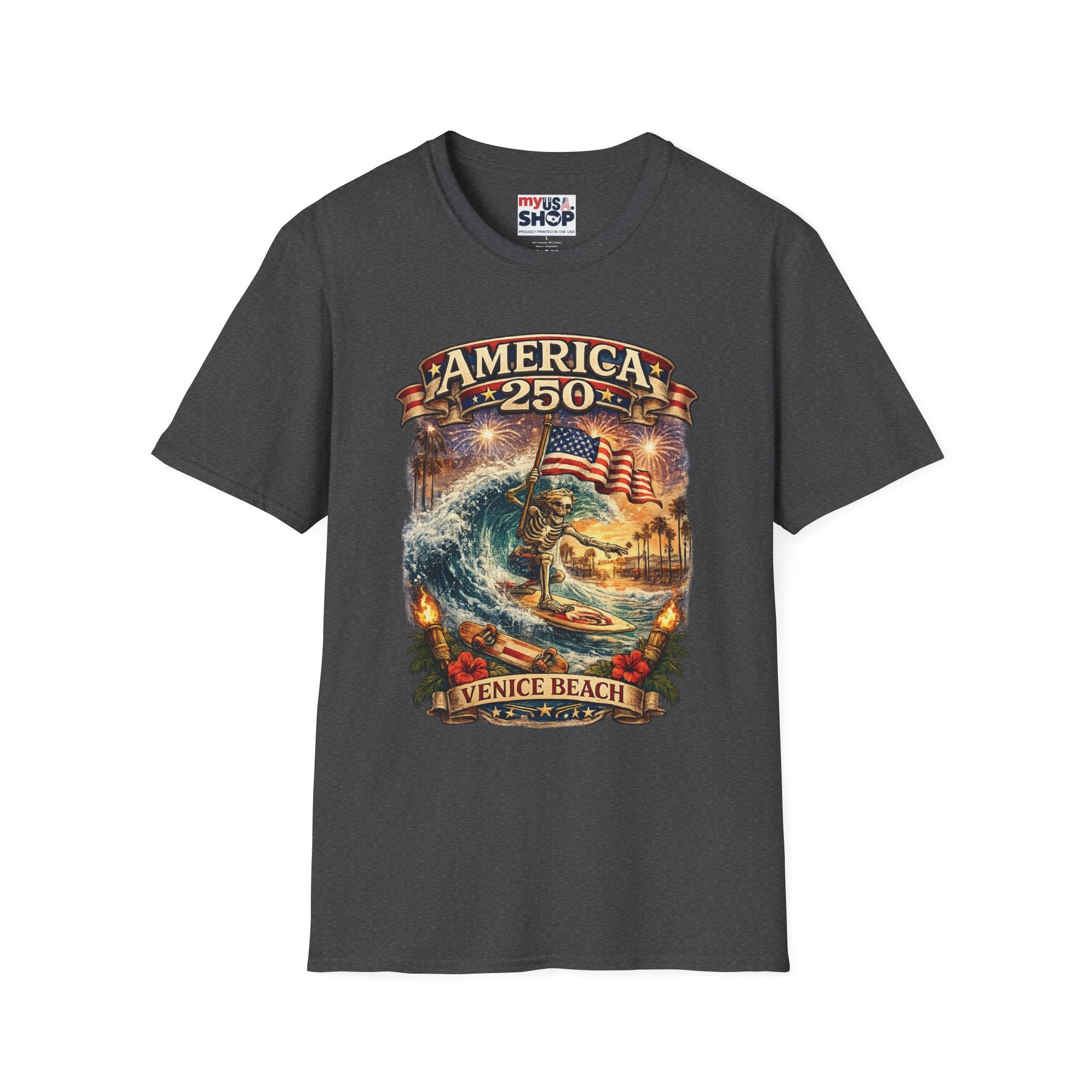 America 250 Venice Beach T-Shirt — Patriotic Vintage Surf & Fireworks Tee