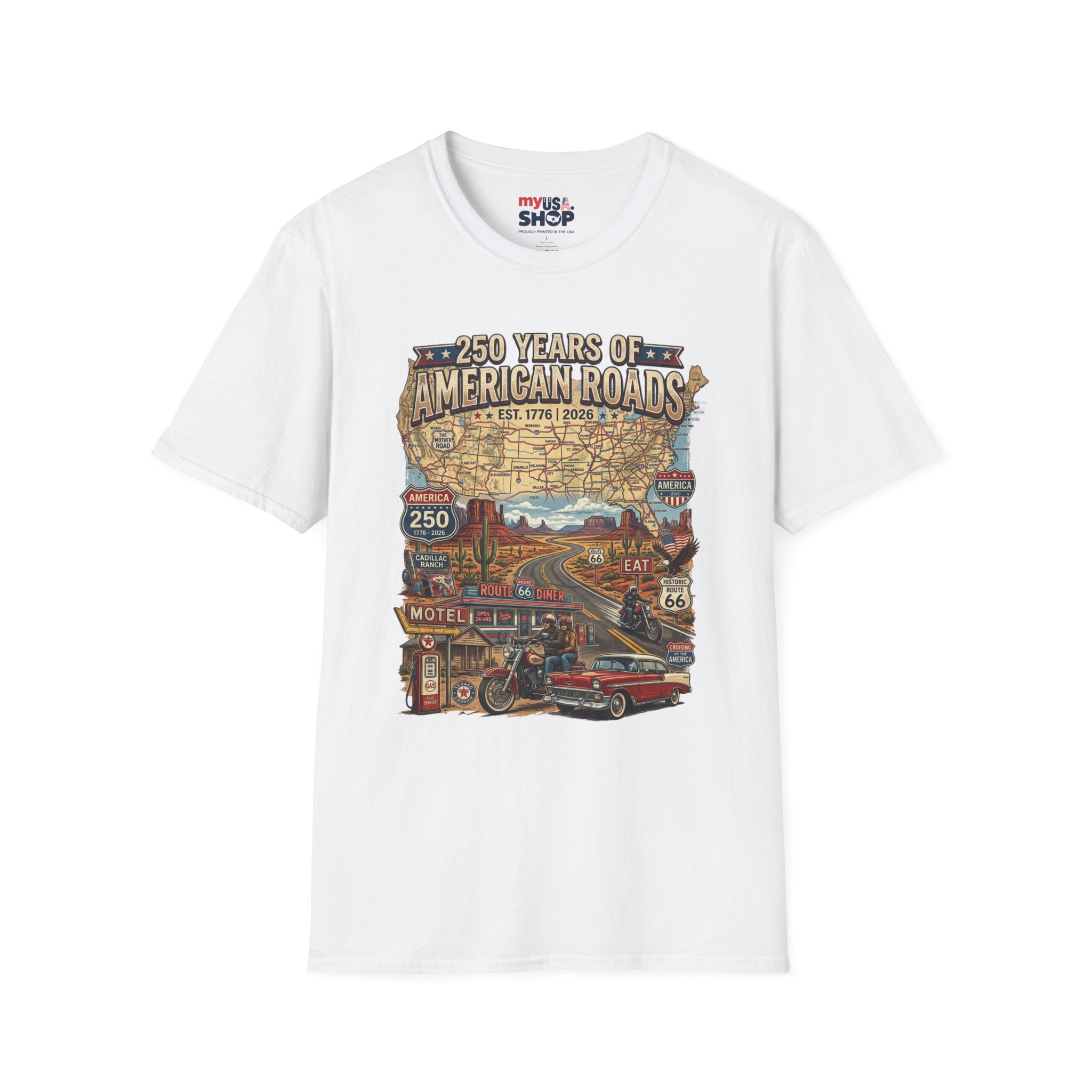 250 Years of American Roads T‑Shirt — Vintage USA Roadmap & Route 66 Travel Tee America 250 Pop Culture
