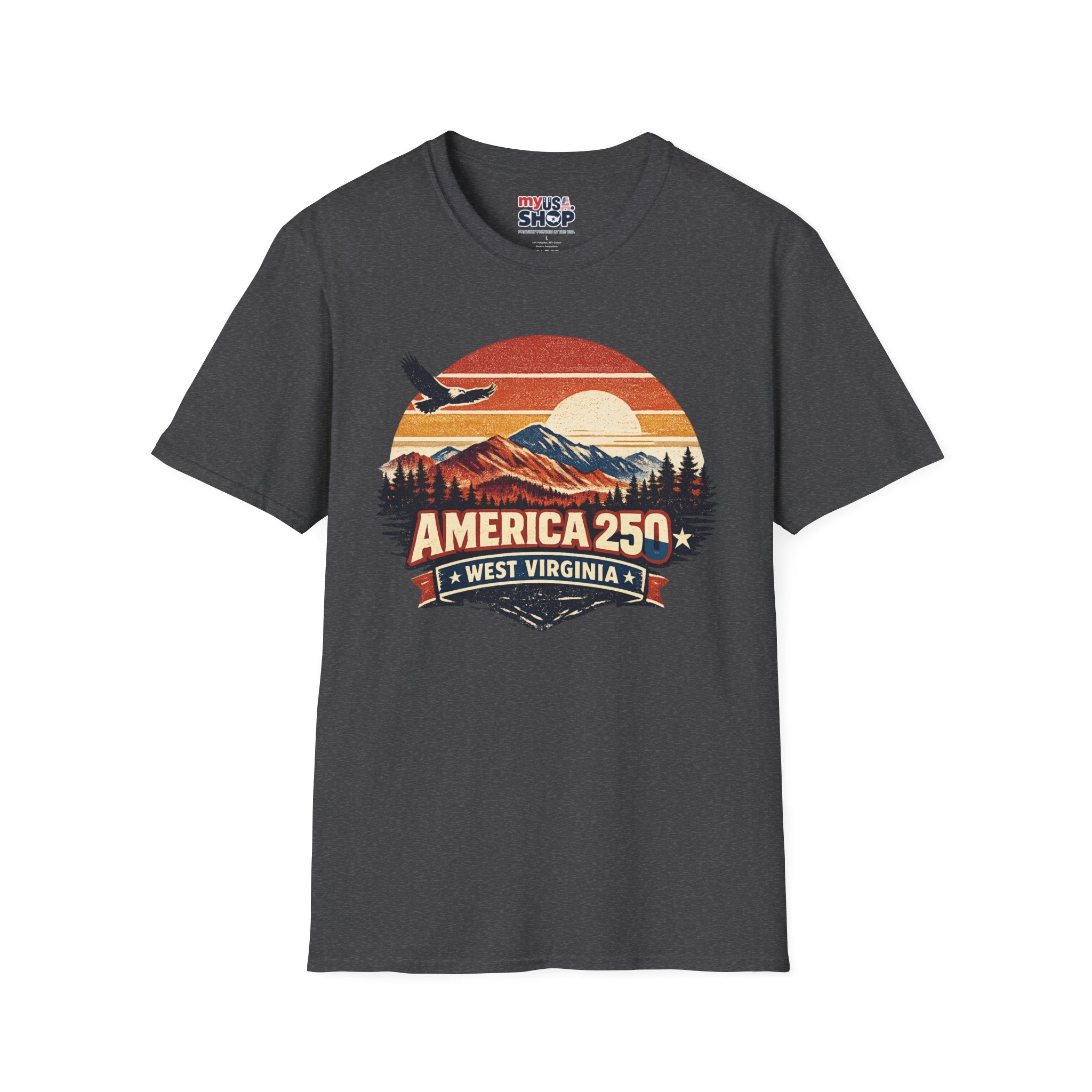America 250 Retro Sunrise T-Shirt — West Virginia Scenic Eagle Design
