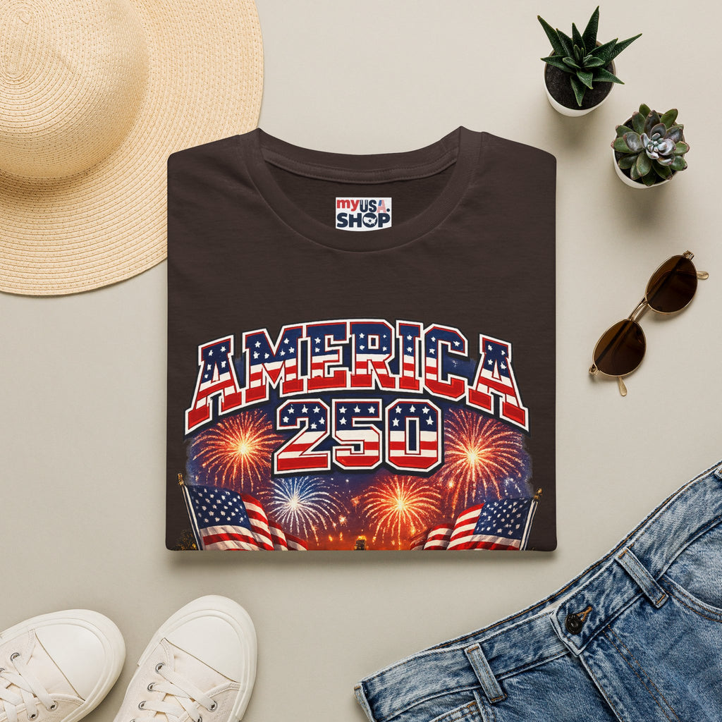 America 250 T-Shirt — Patriotic Fireworks Classic Car Tee for Independence Day
