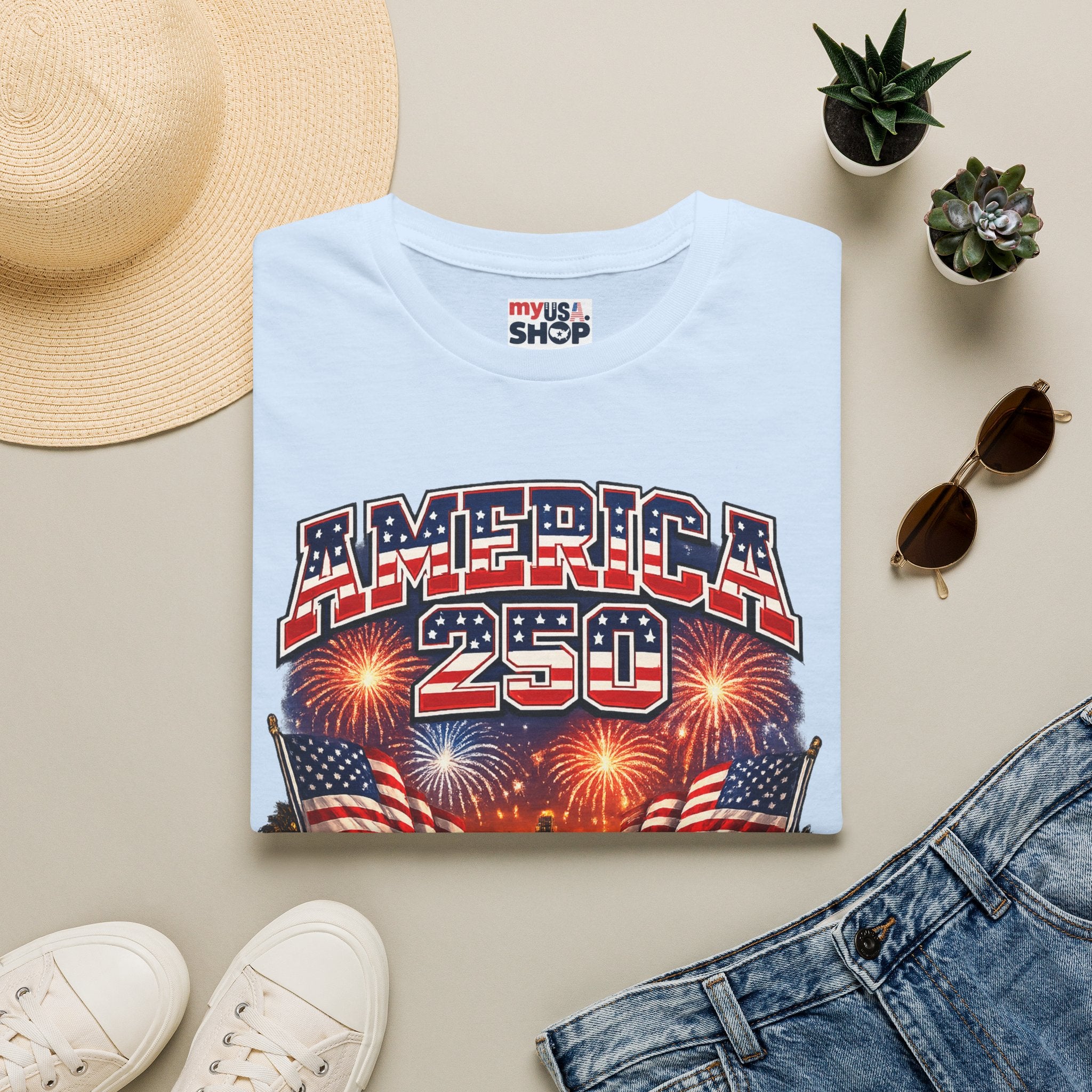 America 250 T-Shirt — Patriotic Fireworks Classic Car Tee for Independence Day